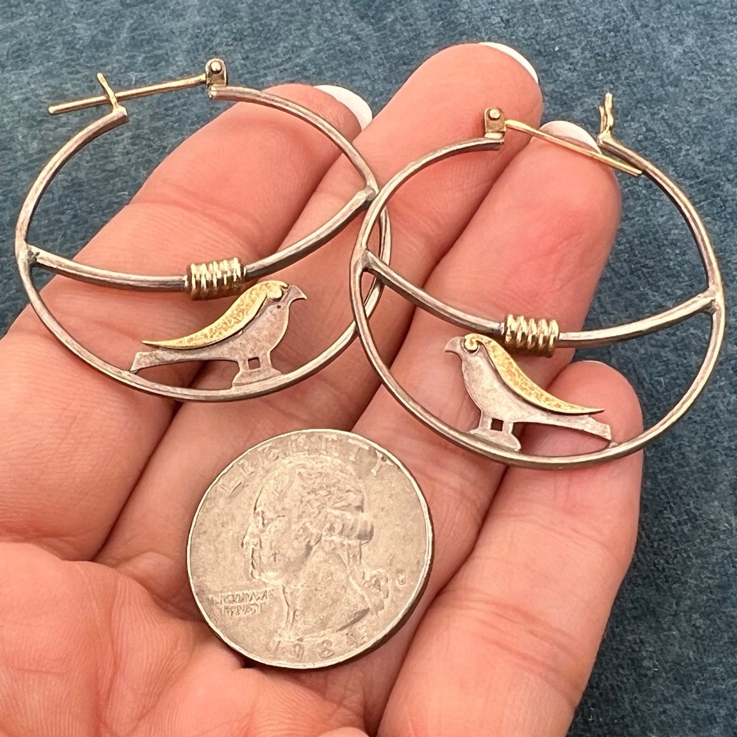 14k Gold & Sterling Artisan Hoop Earrings w Birds. Large 1.5" 7g