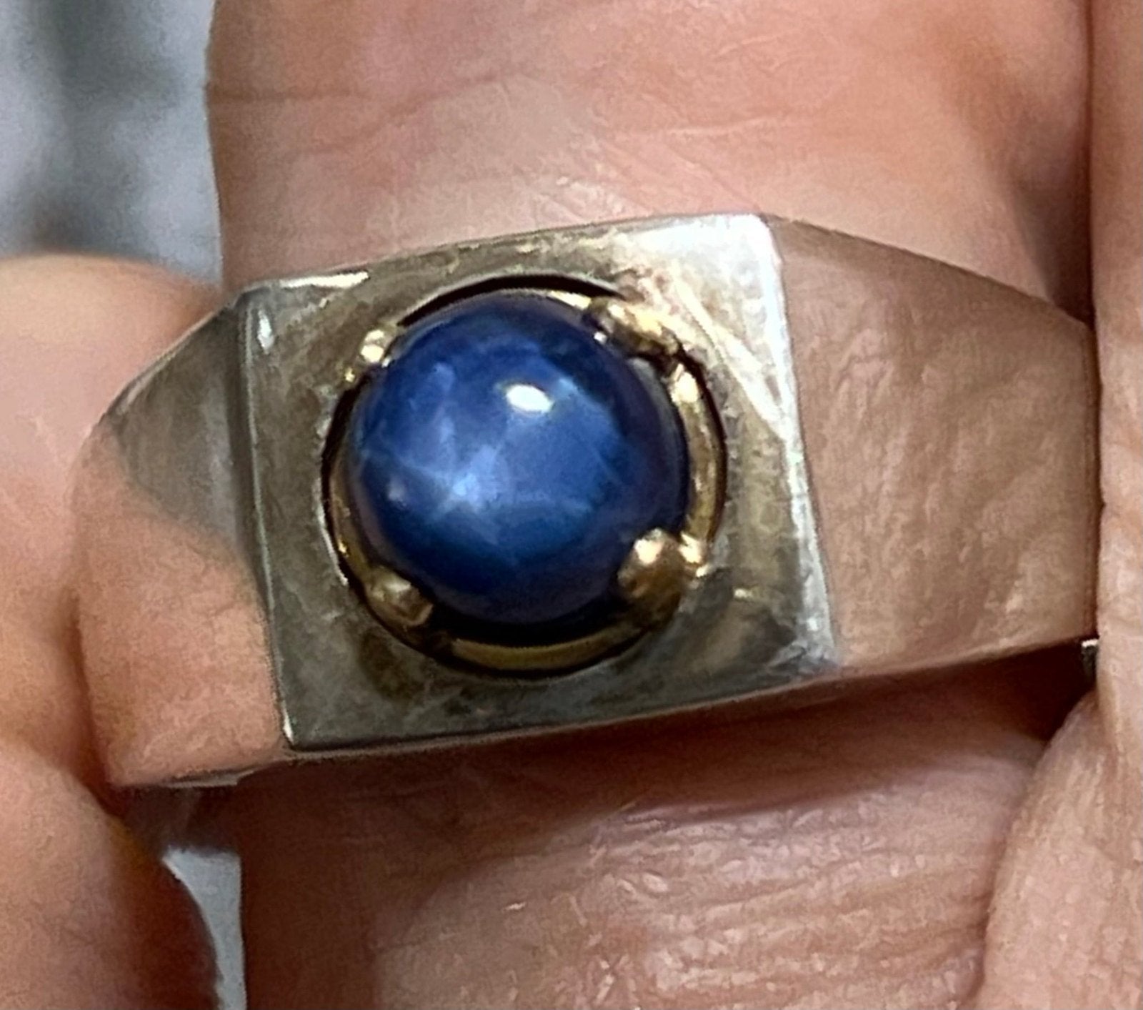 14k Gold + Sterling Natural Blue Star Sapphire Signet Ring. 7g *Video*