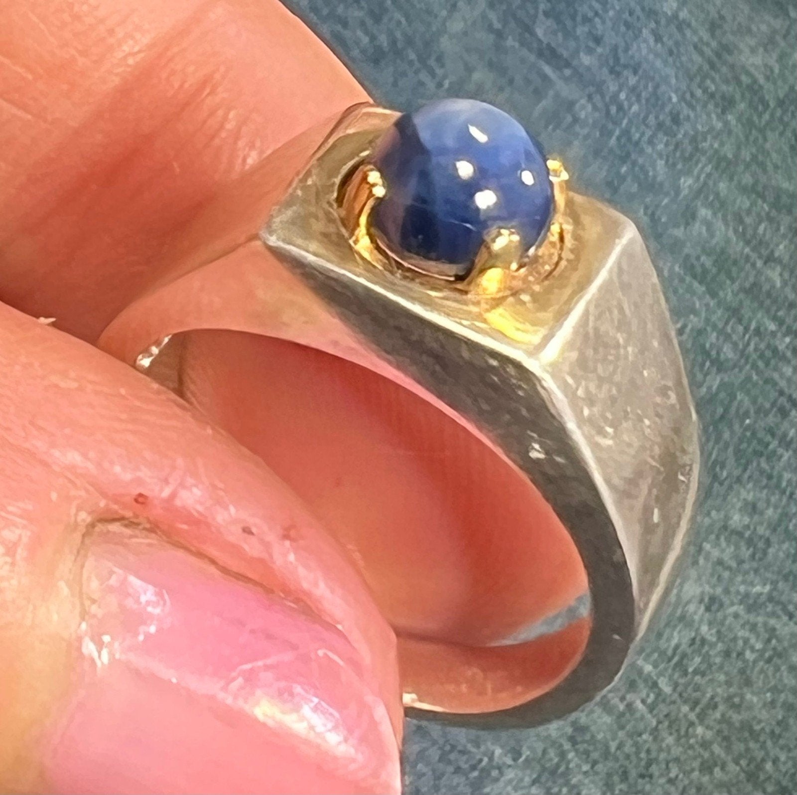 14k Gold + Sterling Natural Blue Star Sapphire Signet Ring. 7g *Video*