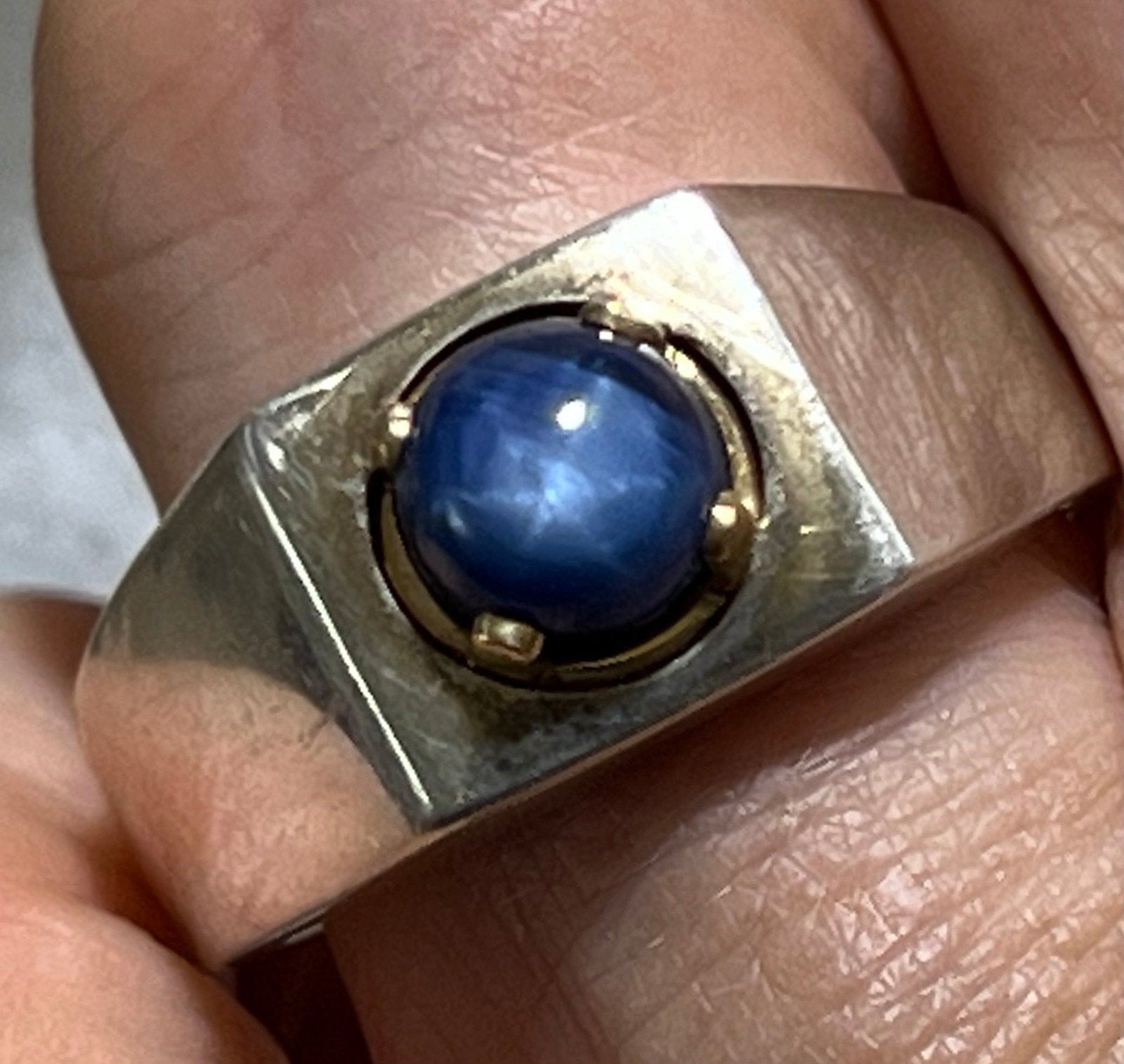 14k Gold + Sterling Natural Blue Star Sapphire Signet Ring. 7g *Video*