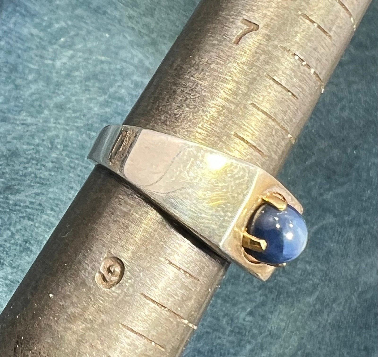 14k Gold + Sterling Natural Blue Star Sapphire Signet Ring. 7g *Video*