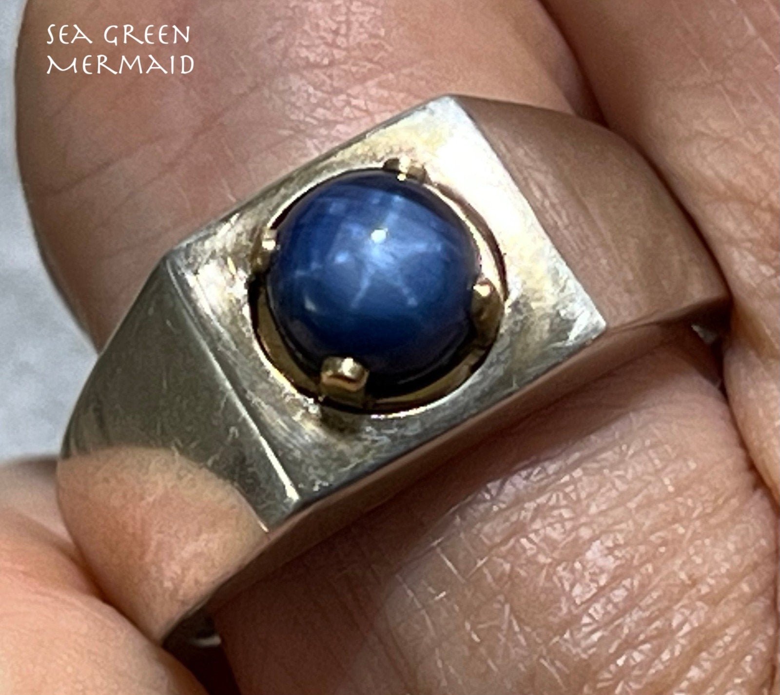 14k Gold + Sterling Natural Blue Star Sapphire Signet Ring. 7g *Video*