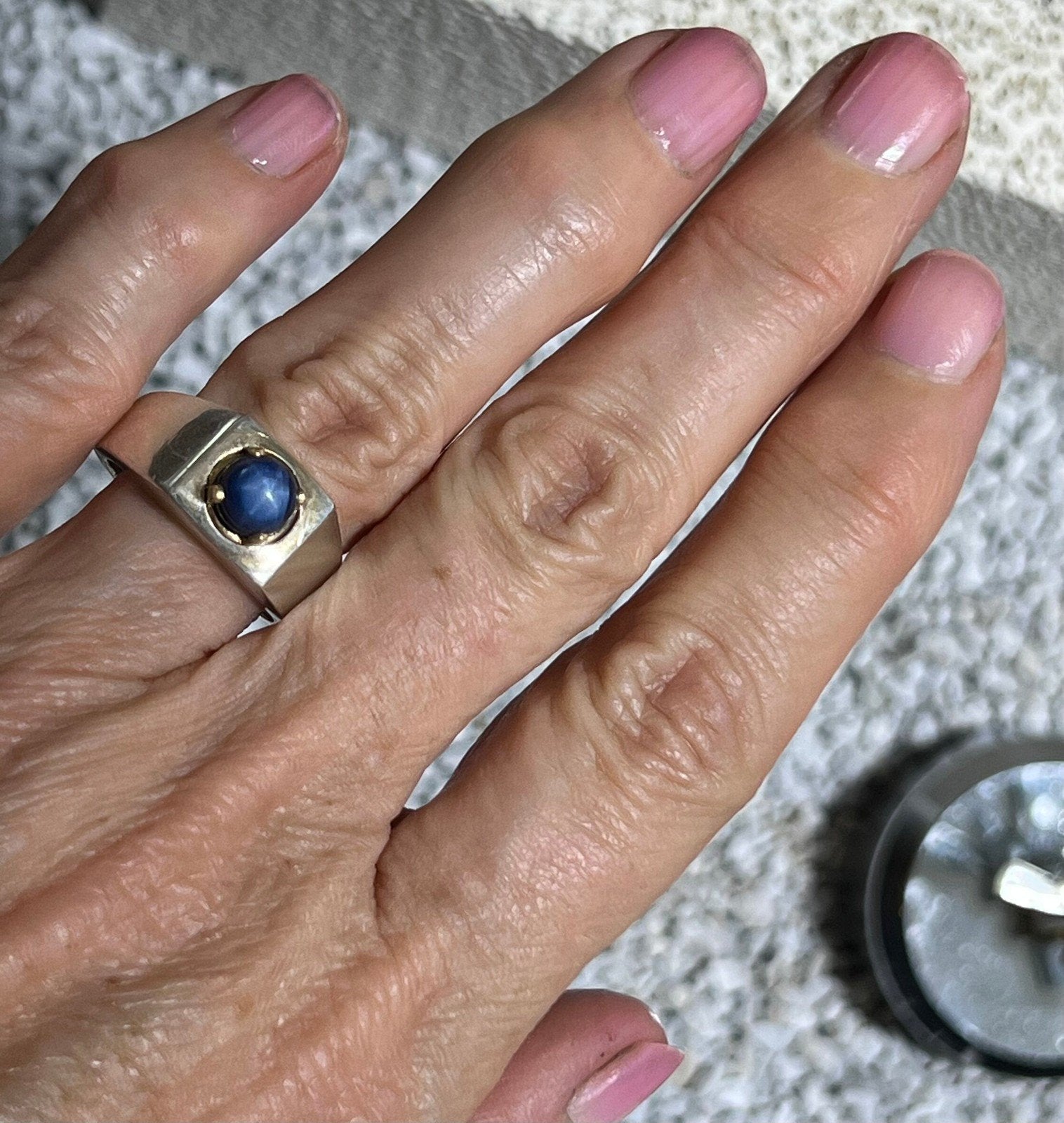 14k Gold + Sterling Natural Blue Star Sapphire Signet Ring. 7g *Video*