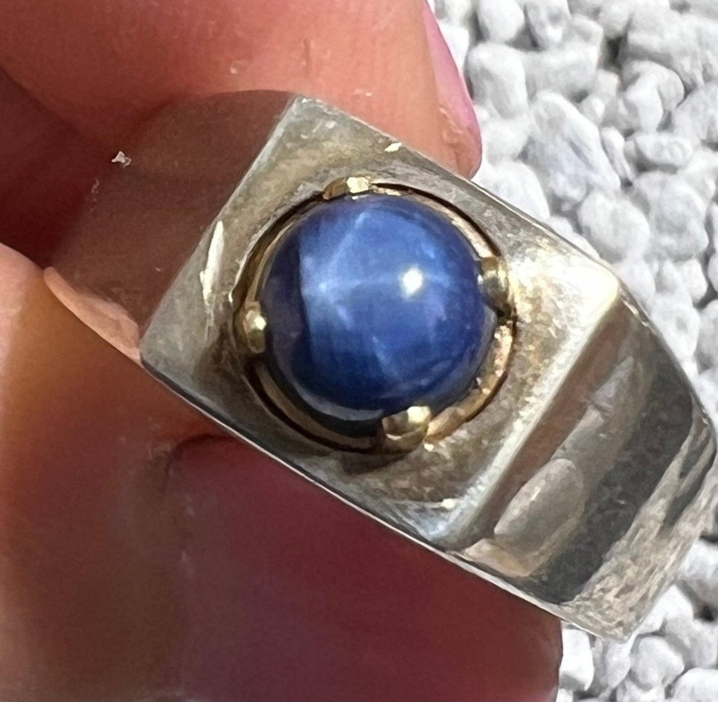 14k Gold + Sterling Natural Blue Star Sapphire Signet Ring. 7g *Video*