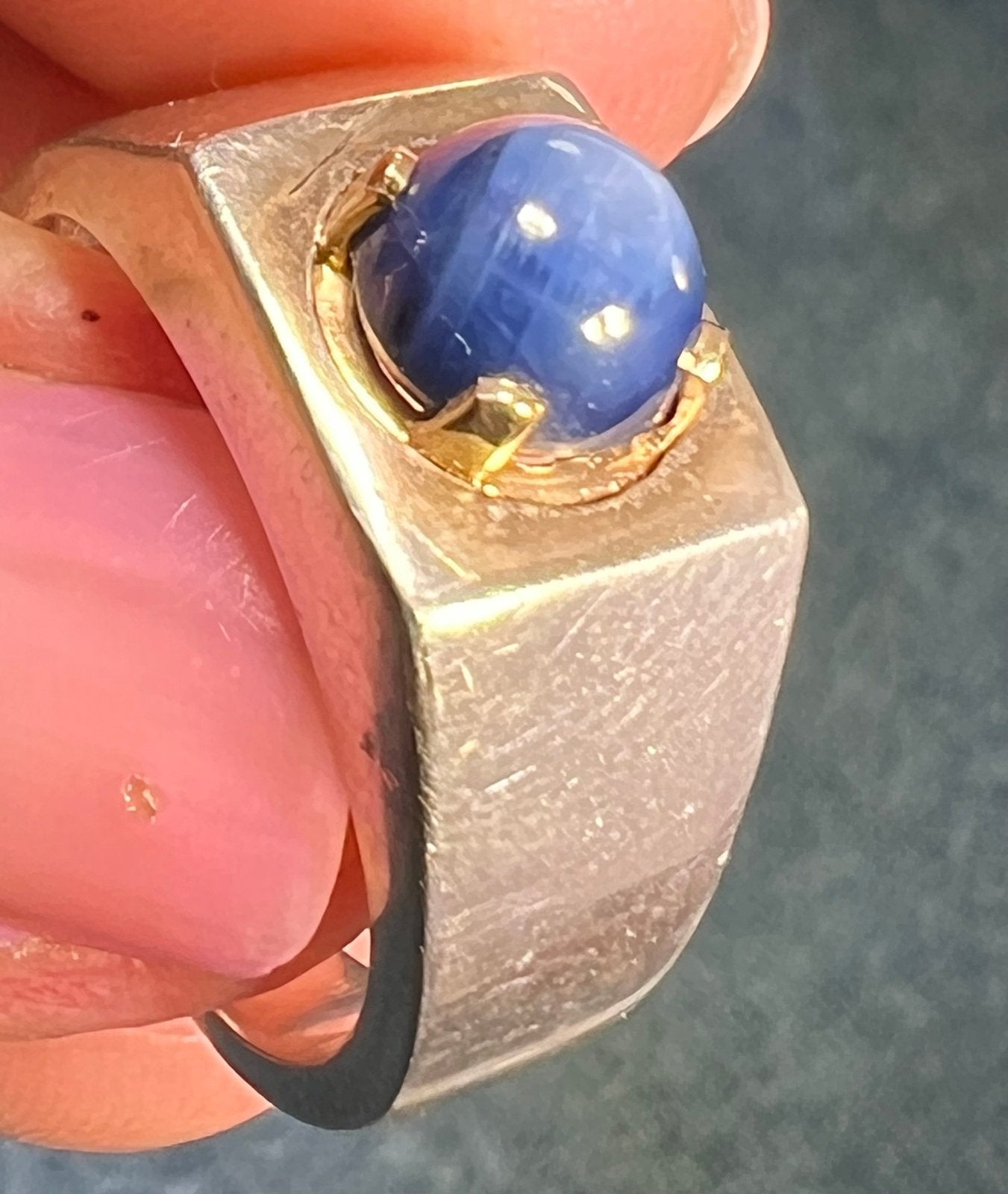 14k Gold + Sterling Natural Blue Star Sapphire Signet Ring. 7g *Video*