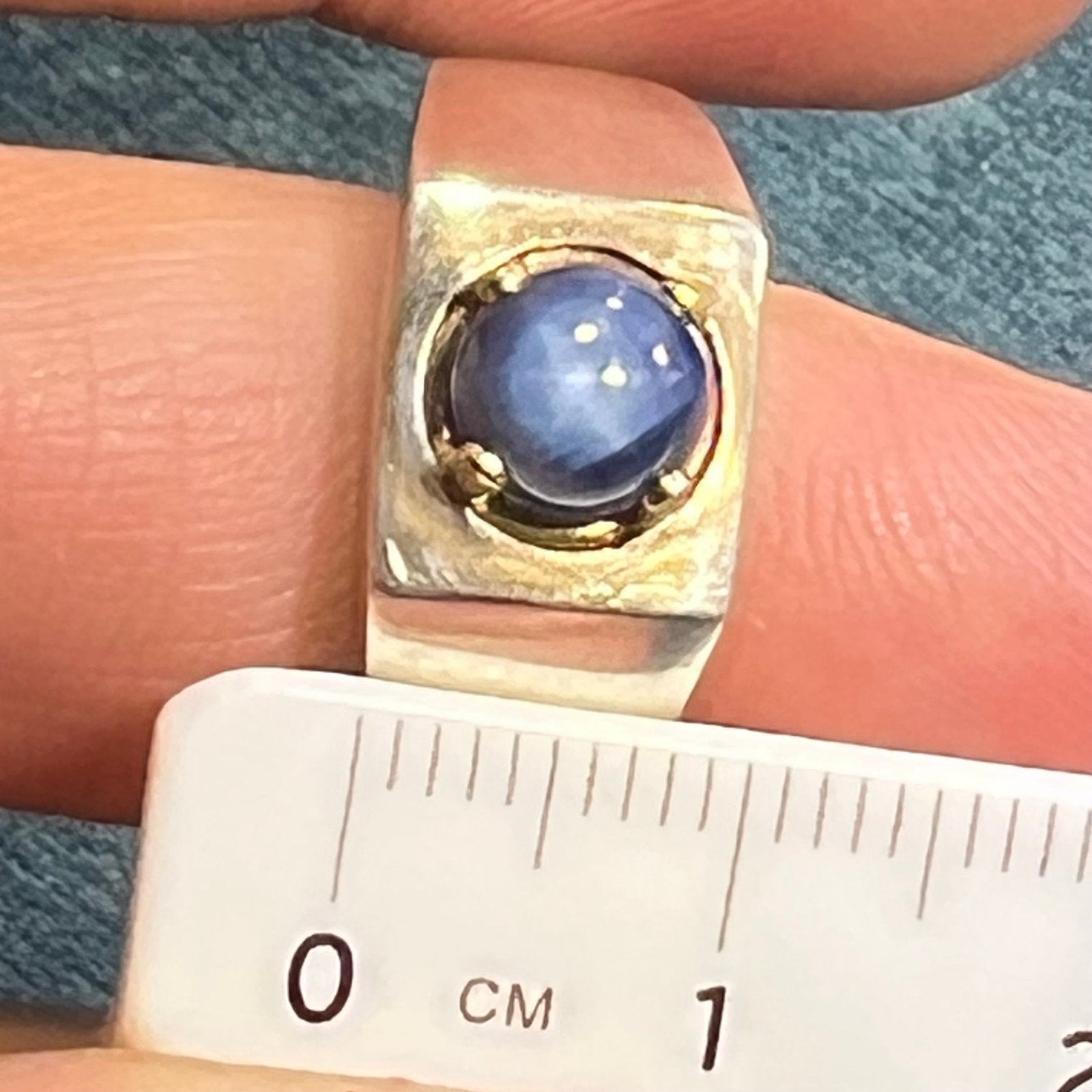 14k Gold + Sterling Natural Blue Star Sapphire Signet Ring. 7g *Video*