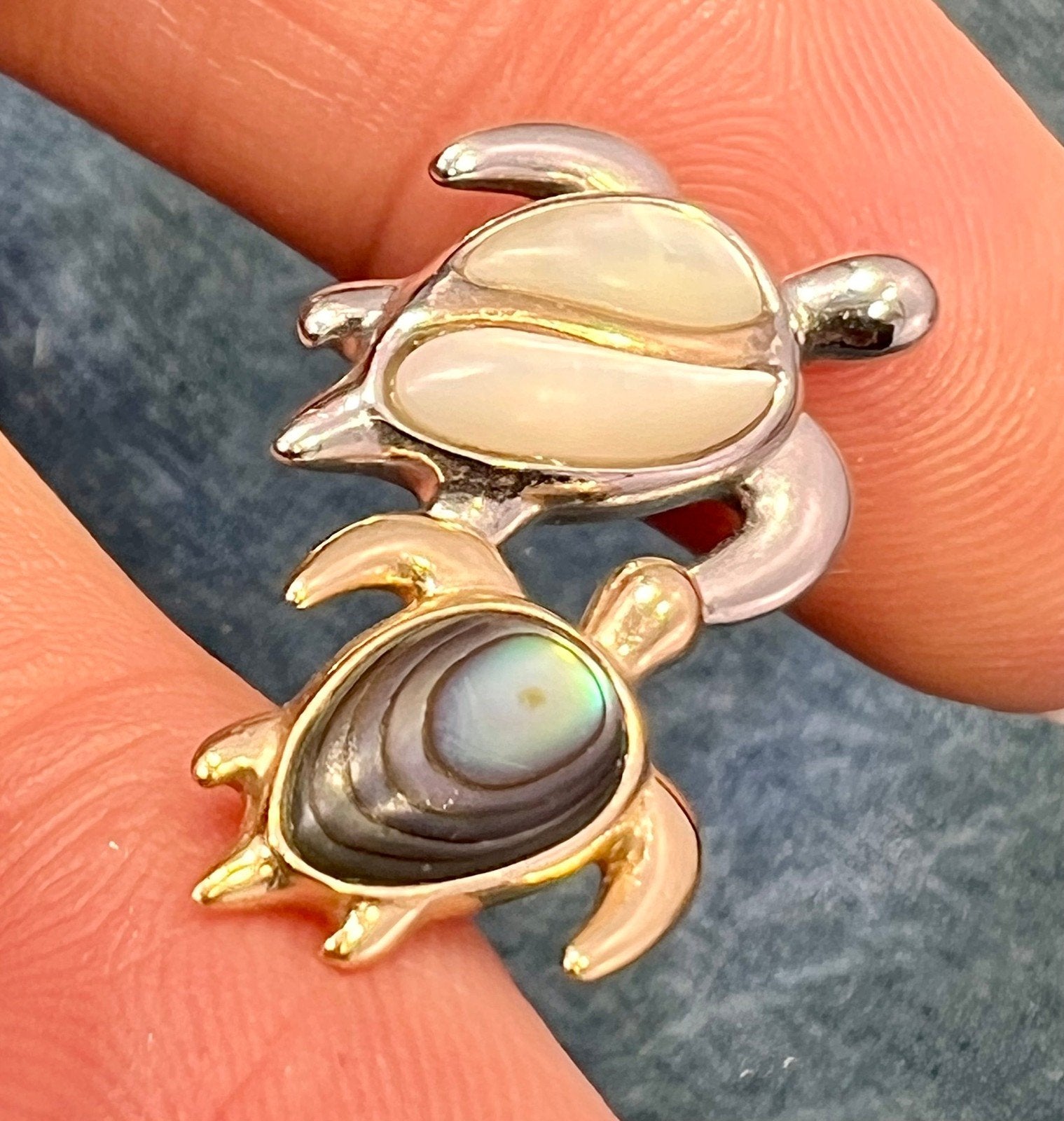 14k Gold + Sterling Silver Mother + Baby Sea Turtles Pendant. Na Haku Abalone