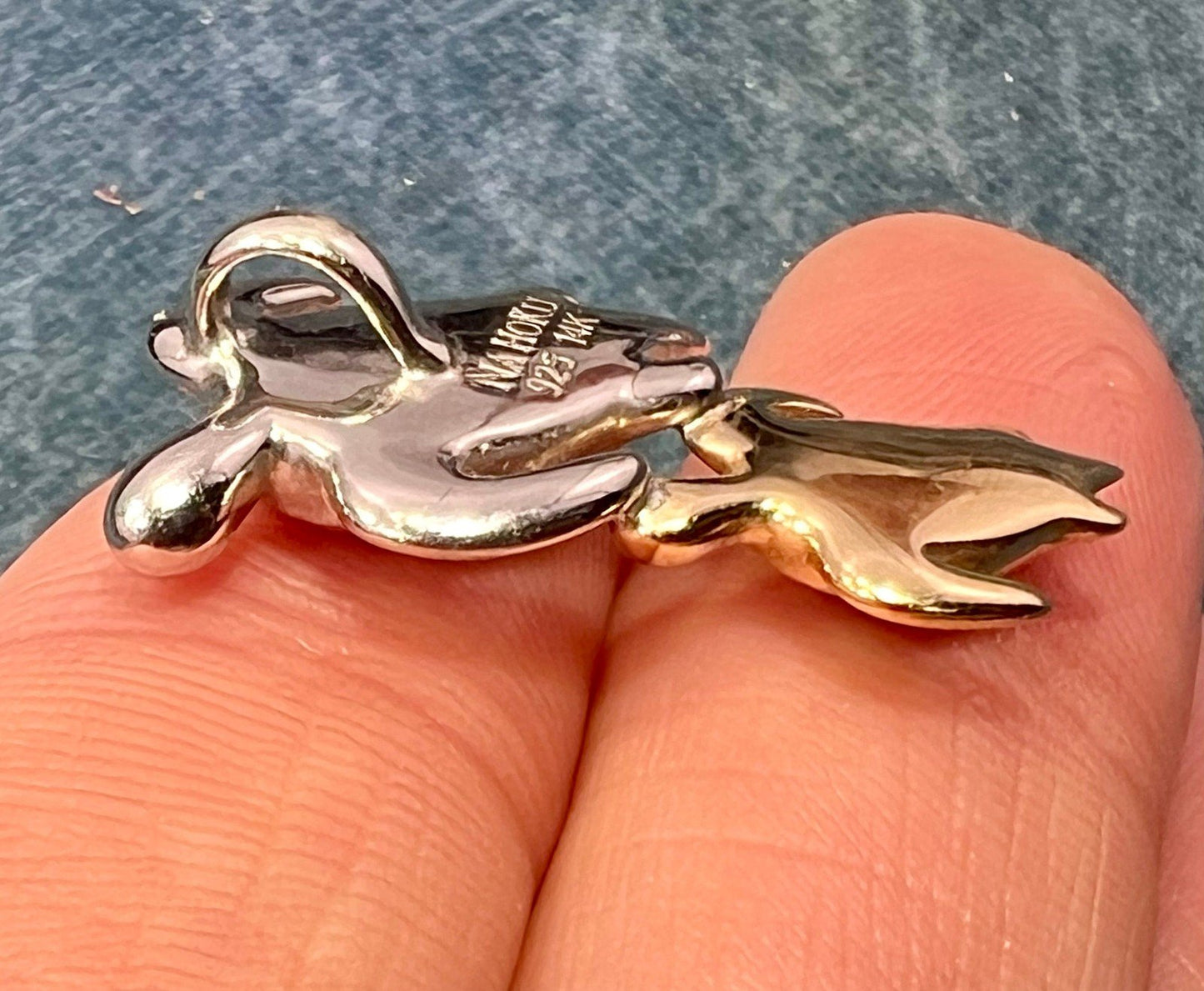 14k Gold + Sterling Silver Mother + Baby Sea Turtles Pendant. Na Haku Abalone