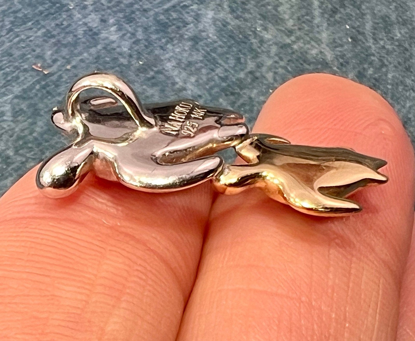 14k Gold + Sterling Silver Mother + Baby Sea Turtles Pendant. Na Haku Abalone