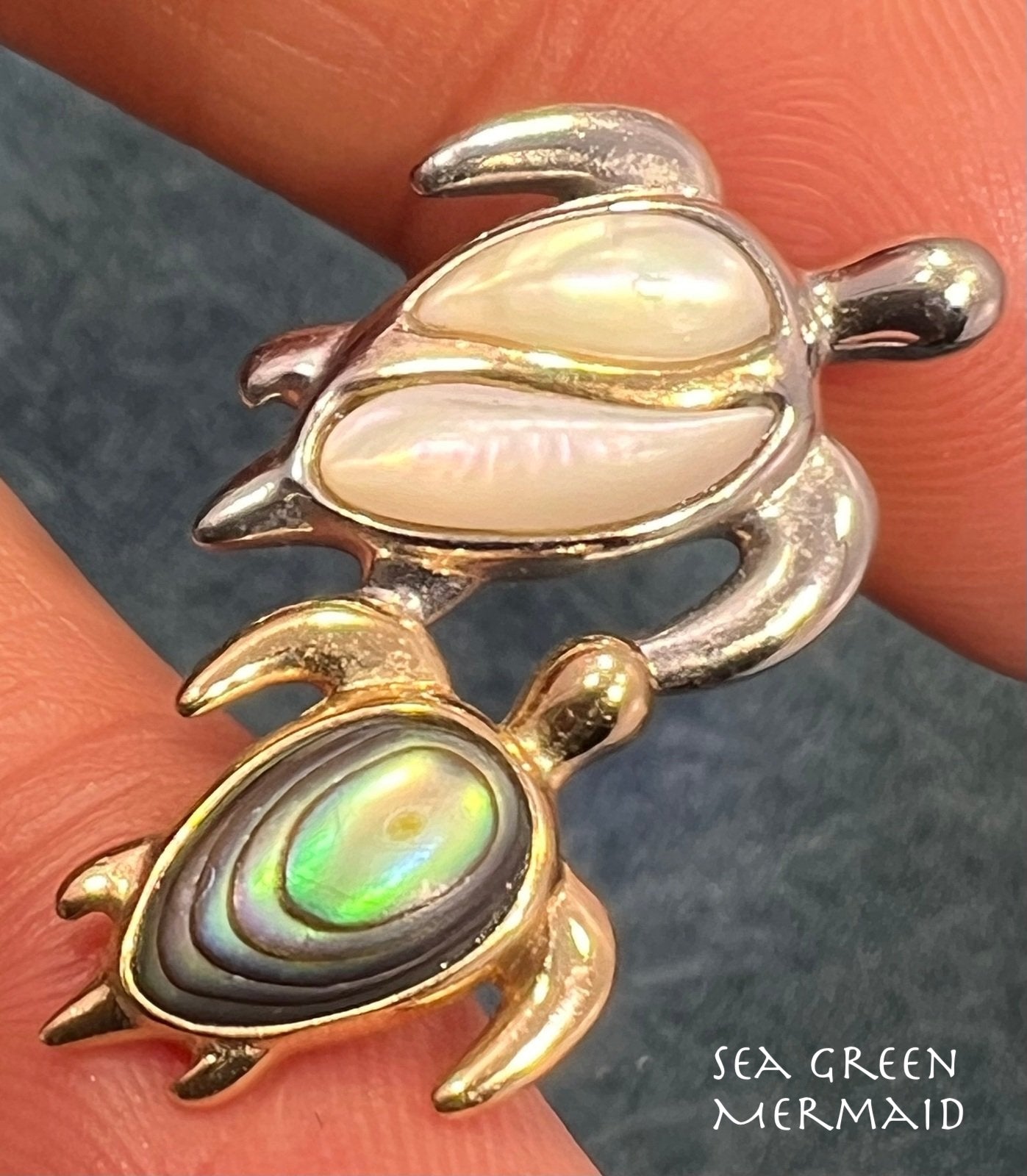 14k Gold + Sterling Silver Mother + Baby Sea Turtles Pendant. Na Haku Abalone
