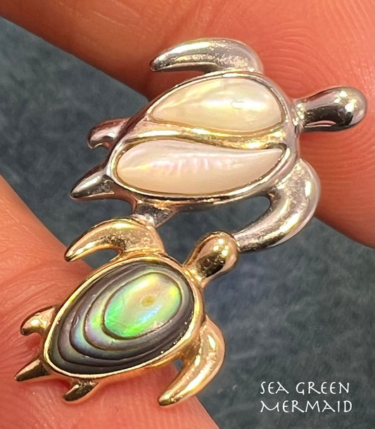 14k Gold + Sterling Silver Mother + Baby Sea Turtles Pendant. Na Haku Abalone