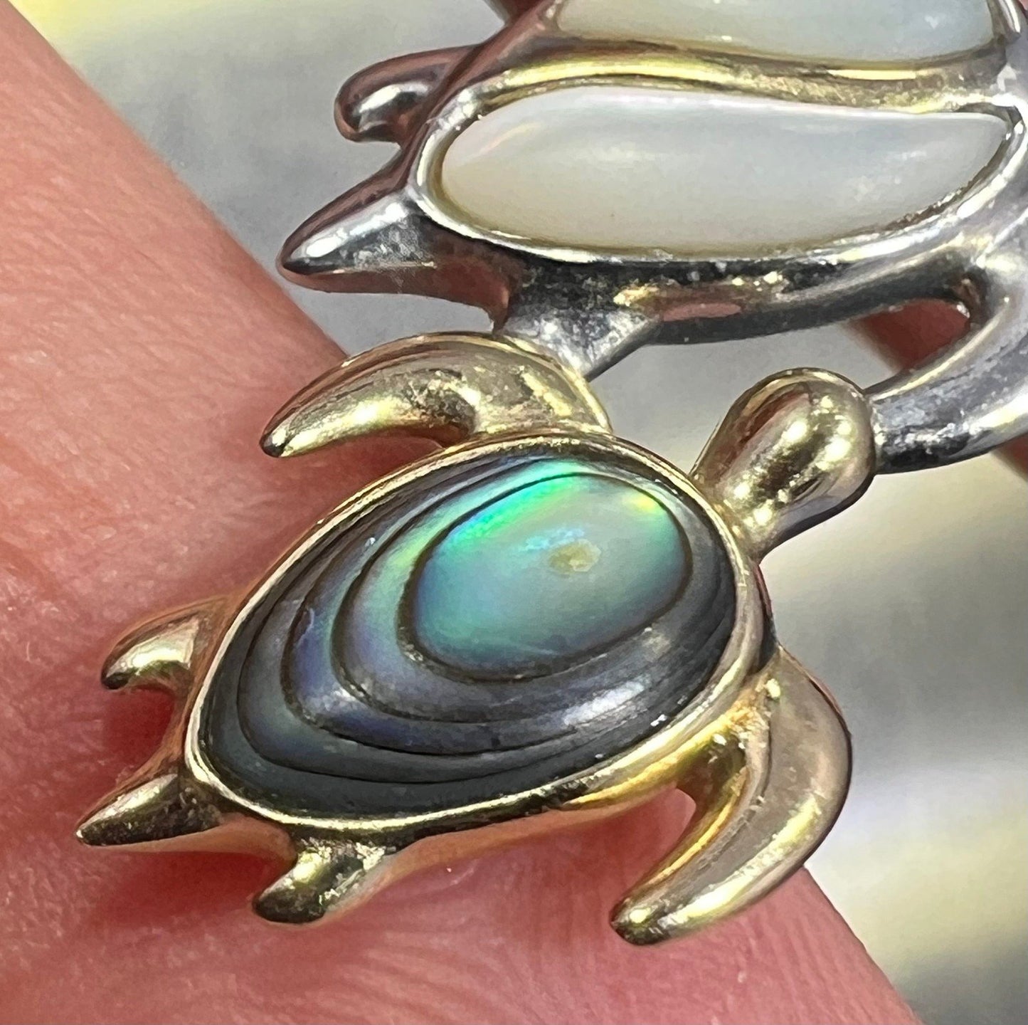 14k Gold + Sterling Silver Mother + Baby Sea Turtles Pendant. Na Haku Abalone