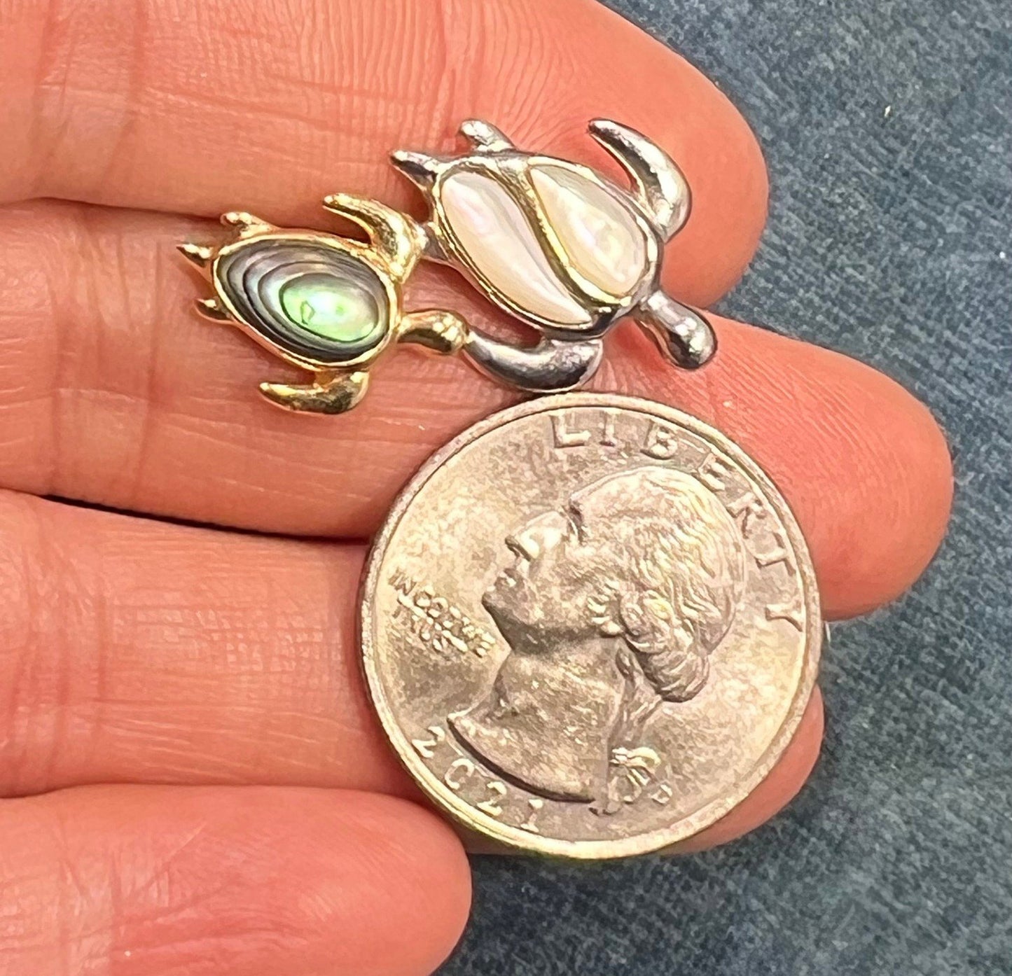 14k Gold + Sterling Silver Mother + Baby Sea Turtles Pendant. Na Haku Abalone