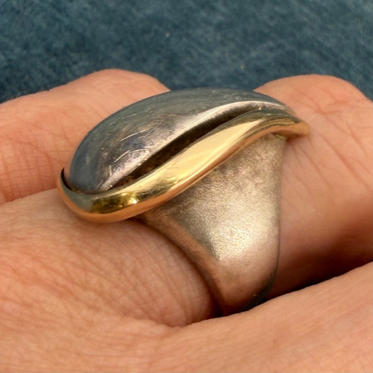 14k Gold + Sterling Silver Wide Asymmetrical MCM Modern Wave Ring. 9g