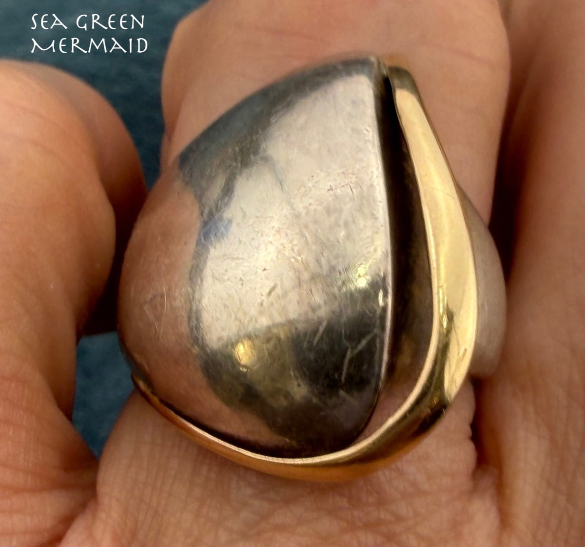 14k Gold + Sterling Silver Wide Asymmetrical MCM Modern Wave Ring. 9g