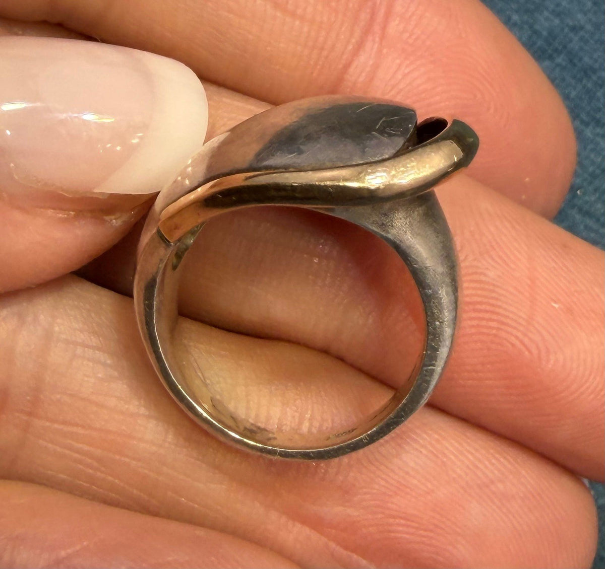 14k Gold + Sterling Silver Wide Asymmetrical MCM Modern Wave Ring. 9g