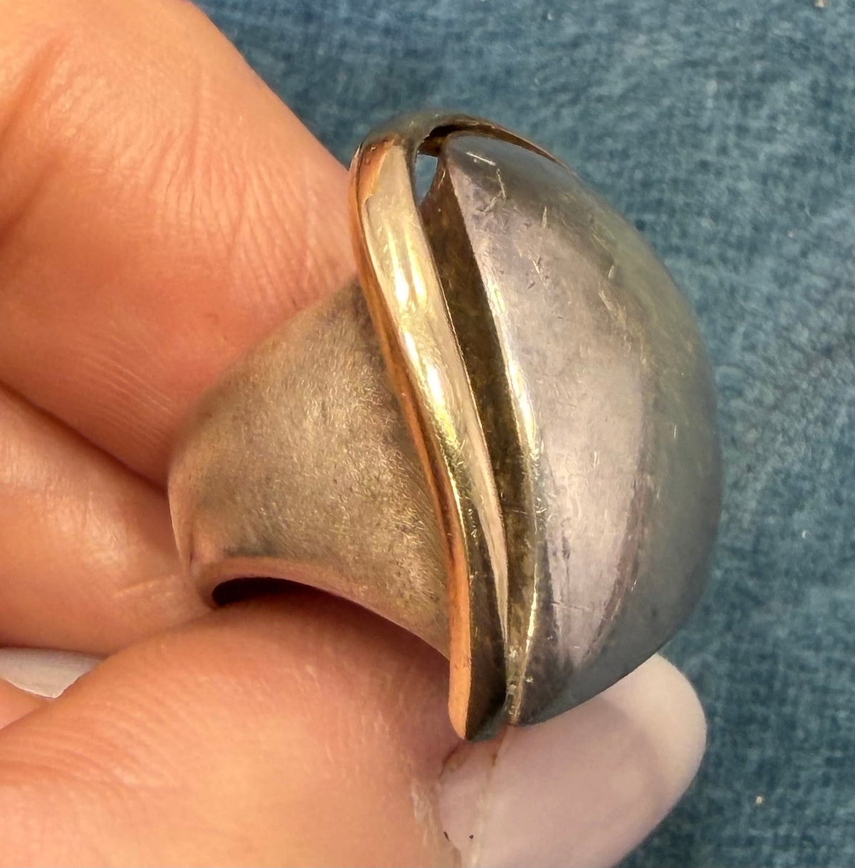 14k Gold + Sterling Silver Wide Asymmetrical MCM Modern Wave Ring. 9g