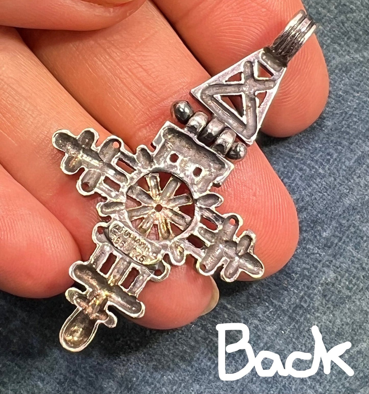 14k Gold Sunburst in Sterling Silver Filigree Cross Pendant. Jointed 2"+ 6g