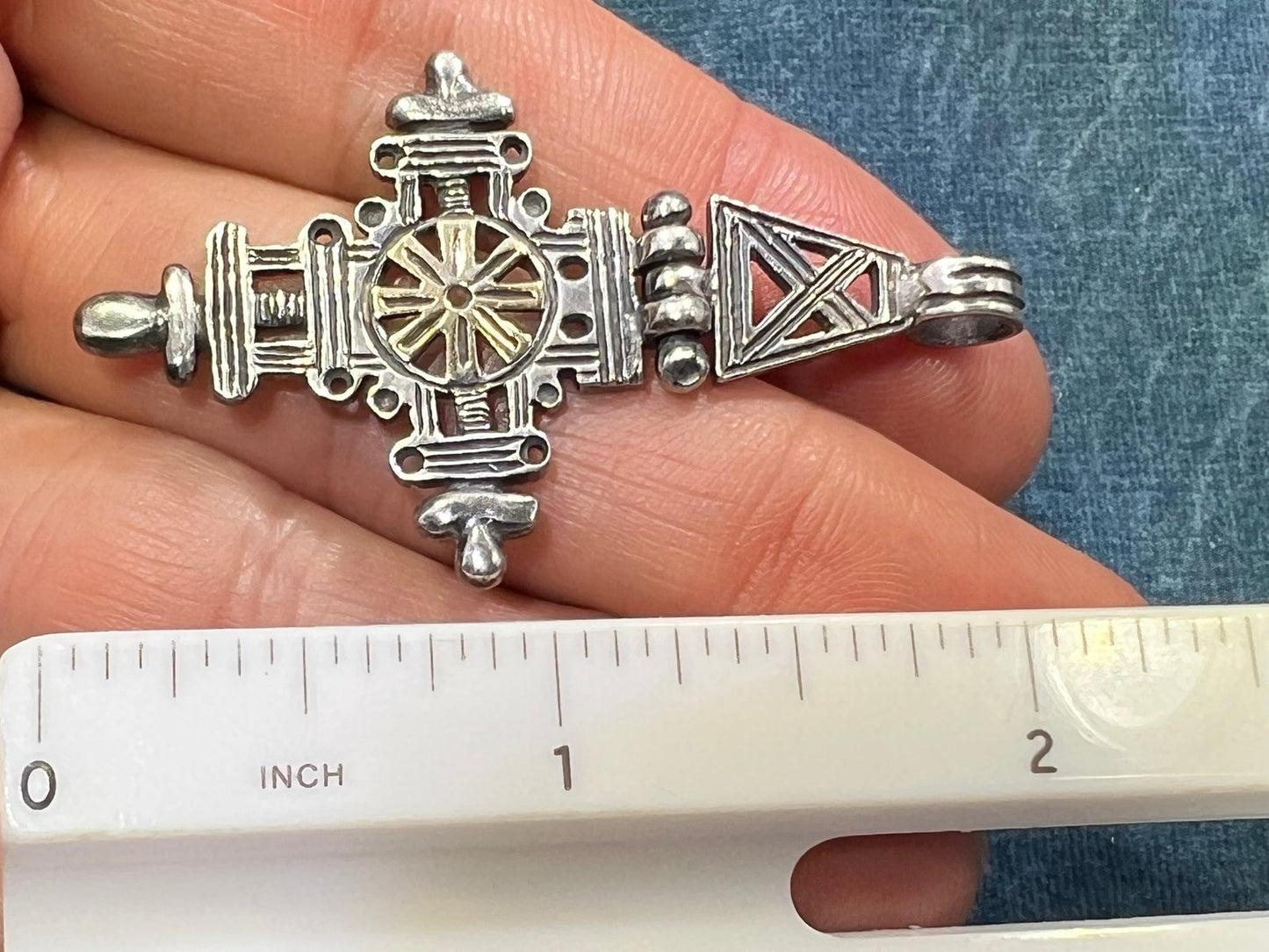 14k Gold Sunburst in Sterling Silver Filigree Cross Pendant. Jointed 2"+ 6g