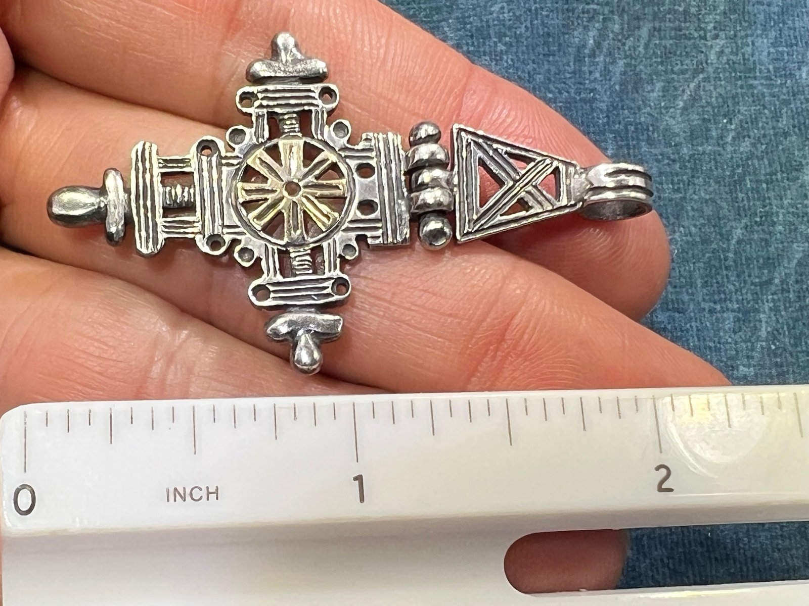 14k Gold Sunburst in Sterling Silver Filigree Cross Pendant. Jointed 2"+ 6g