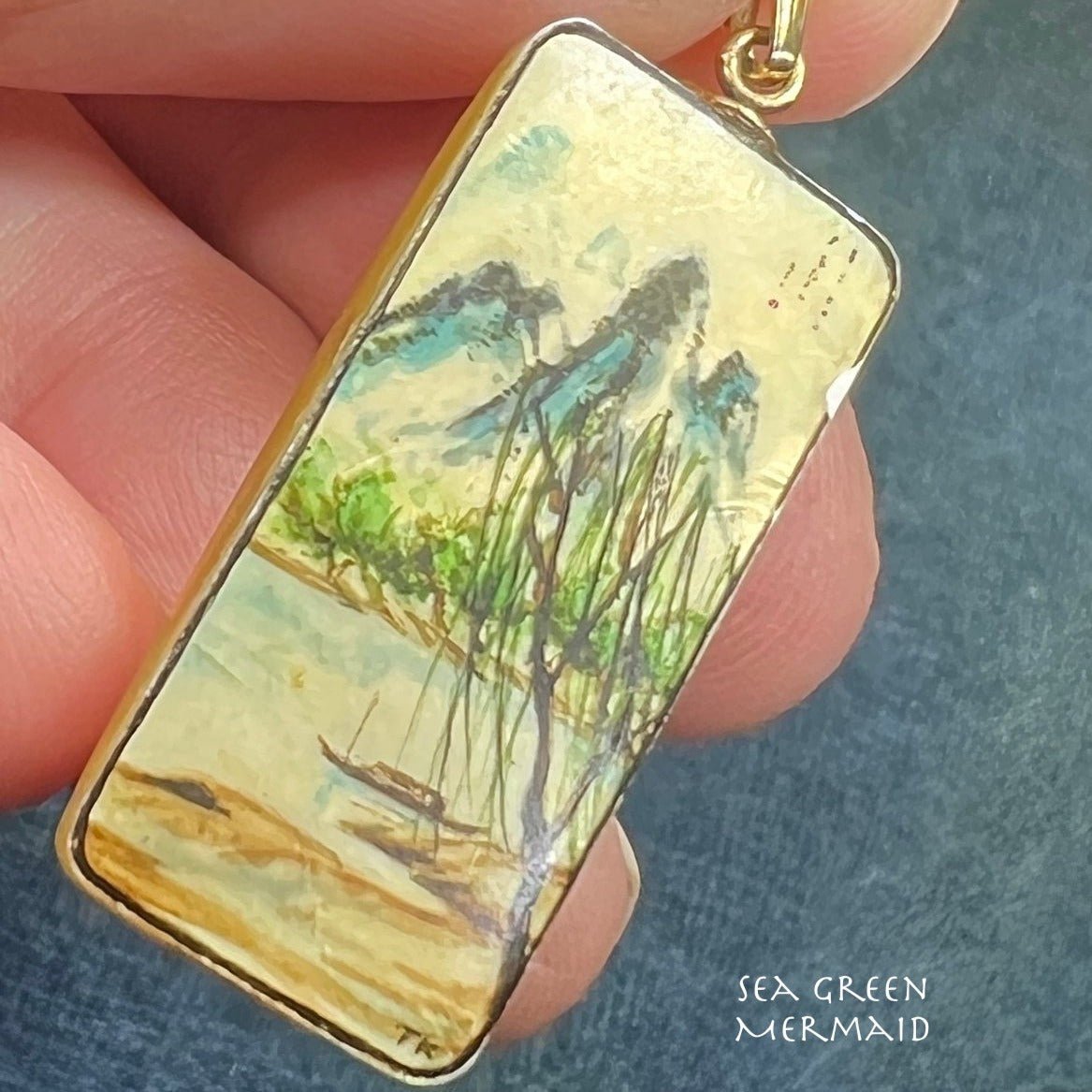 14k Gold TINY Japanese Scroll Painting Pendant. Mother of Pearl *Video*