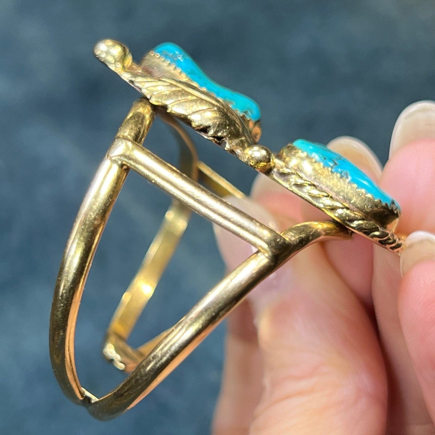 14k Gold Turquoise Feather Design Cuff Bracelet. 34g *Video*