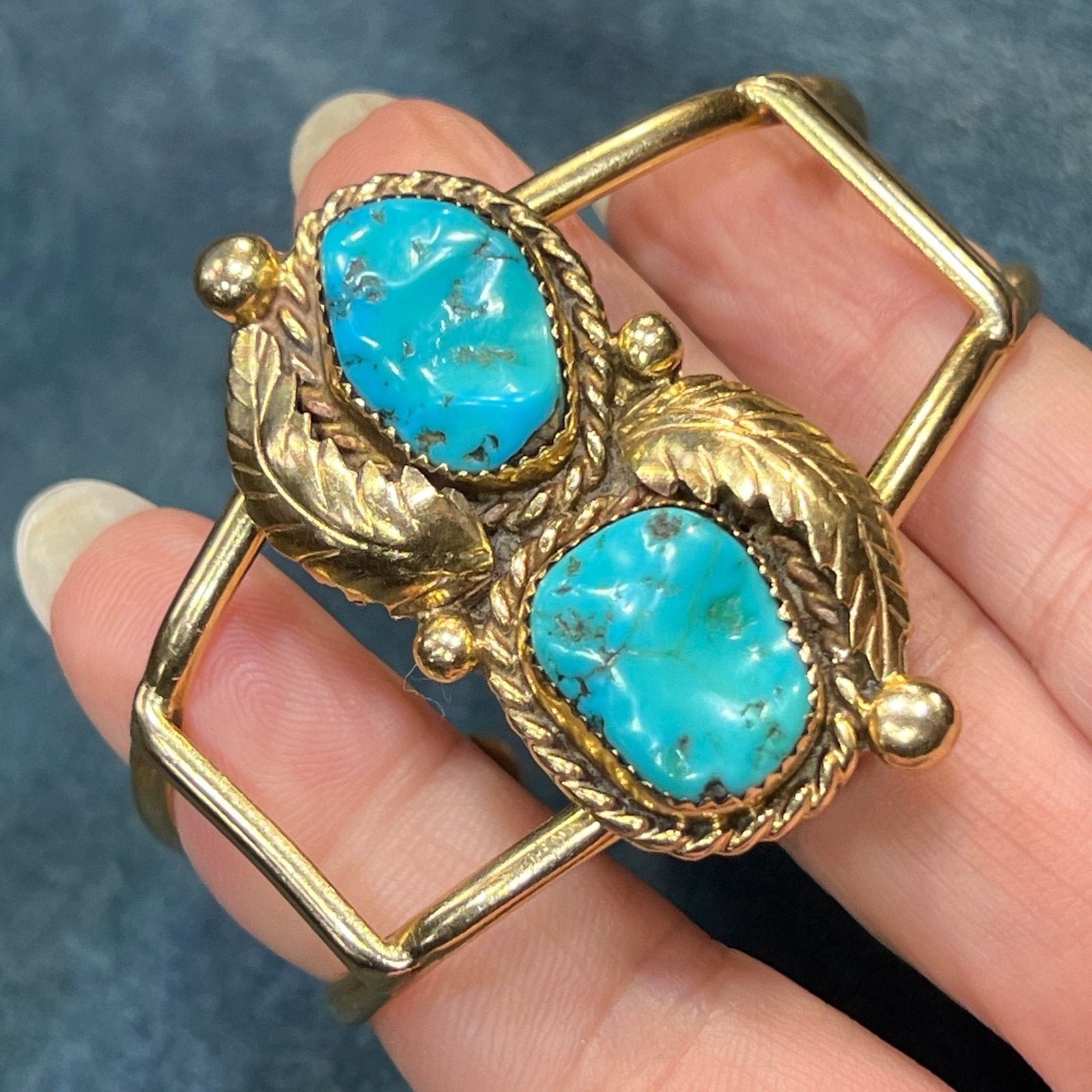 14k Gold Turquoise Feather Design Cuff Bracelet. 34g *Video*