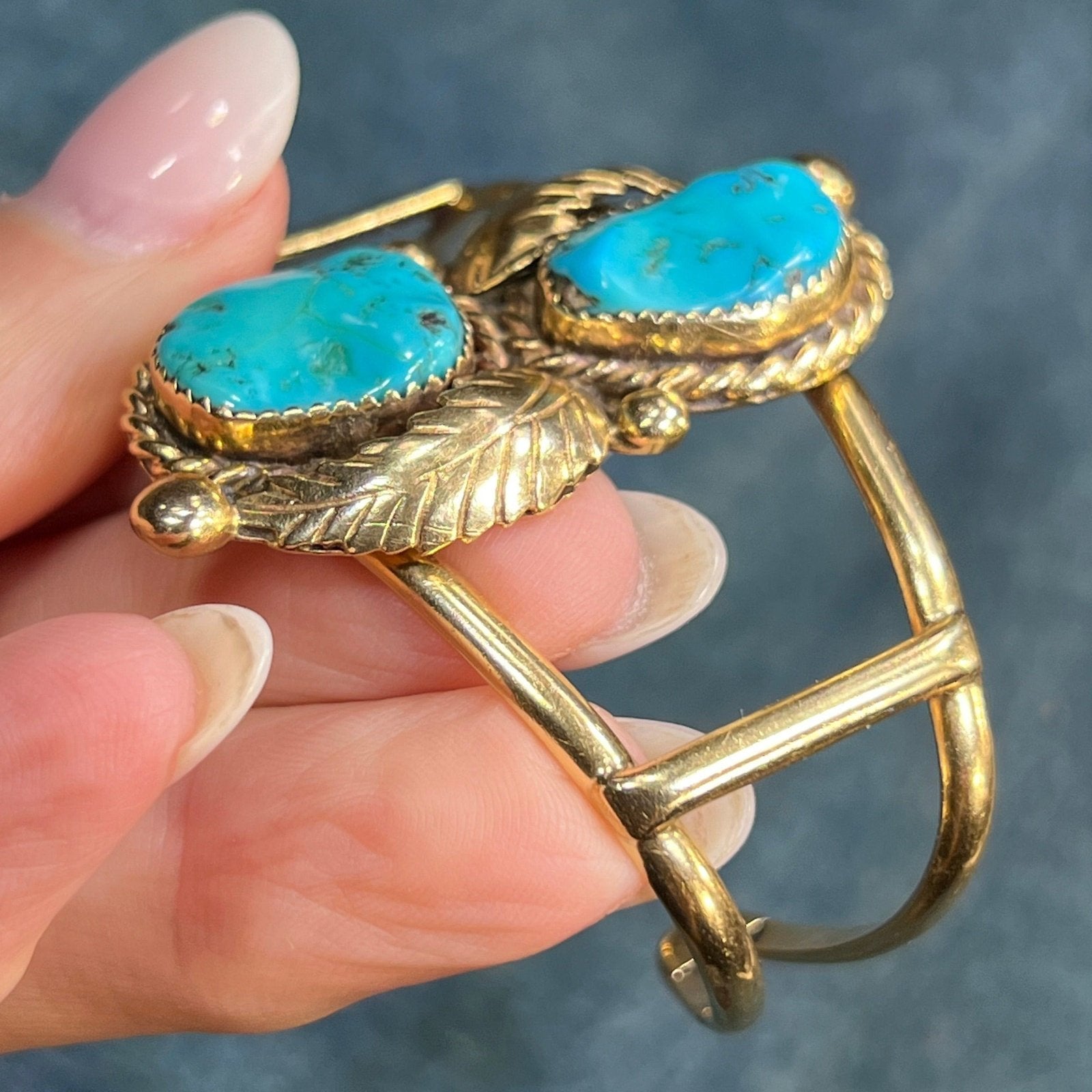 14k Gold Turquoise Feather Design Cuff Bracelet. 34g *Video*