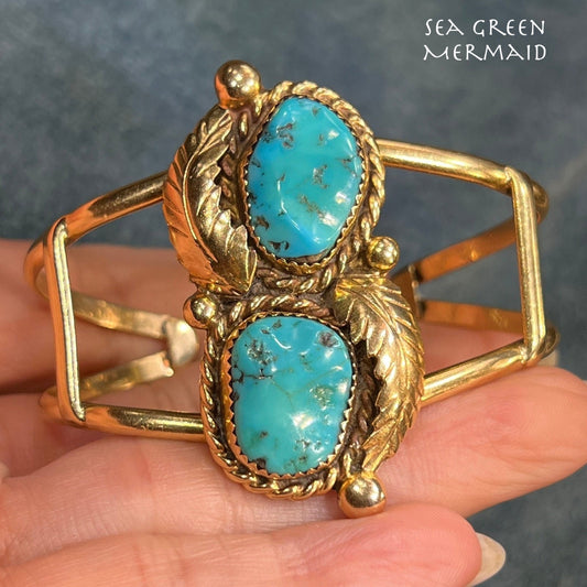 14k Gold Turquoise Feather Design Cuff Bracelet. 34g *Video*