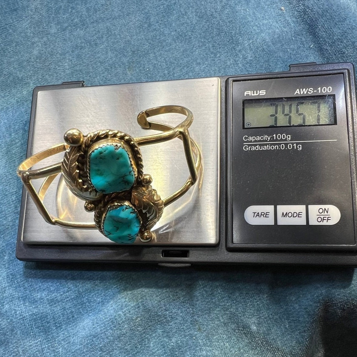 14k Gold Turquoise Feather Design Cuff Bracelet. 34g *Video*