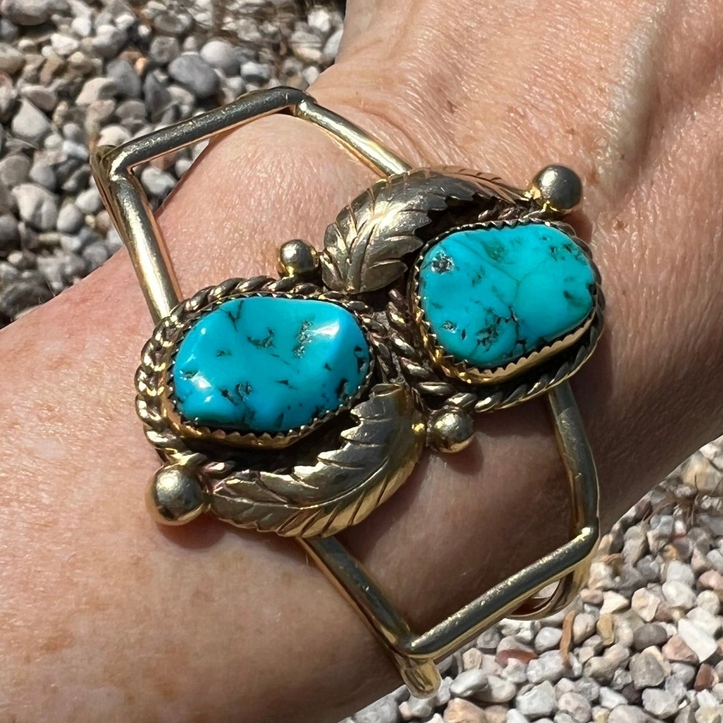 14k Gold Turquoise Feather Design Cuff Bracelet. 34g *Video*