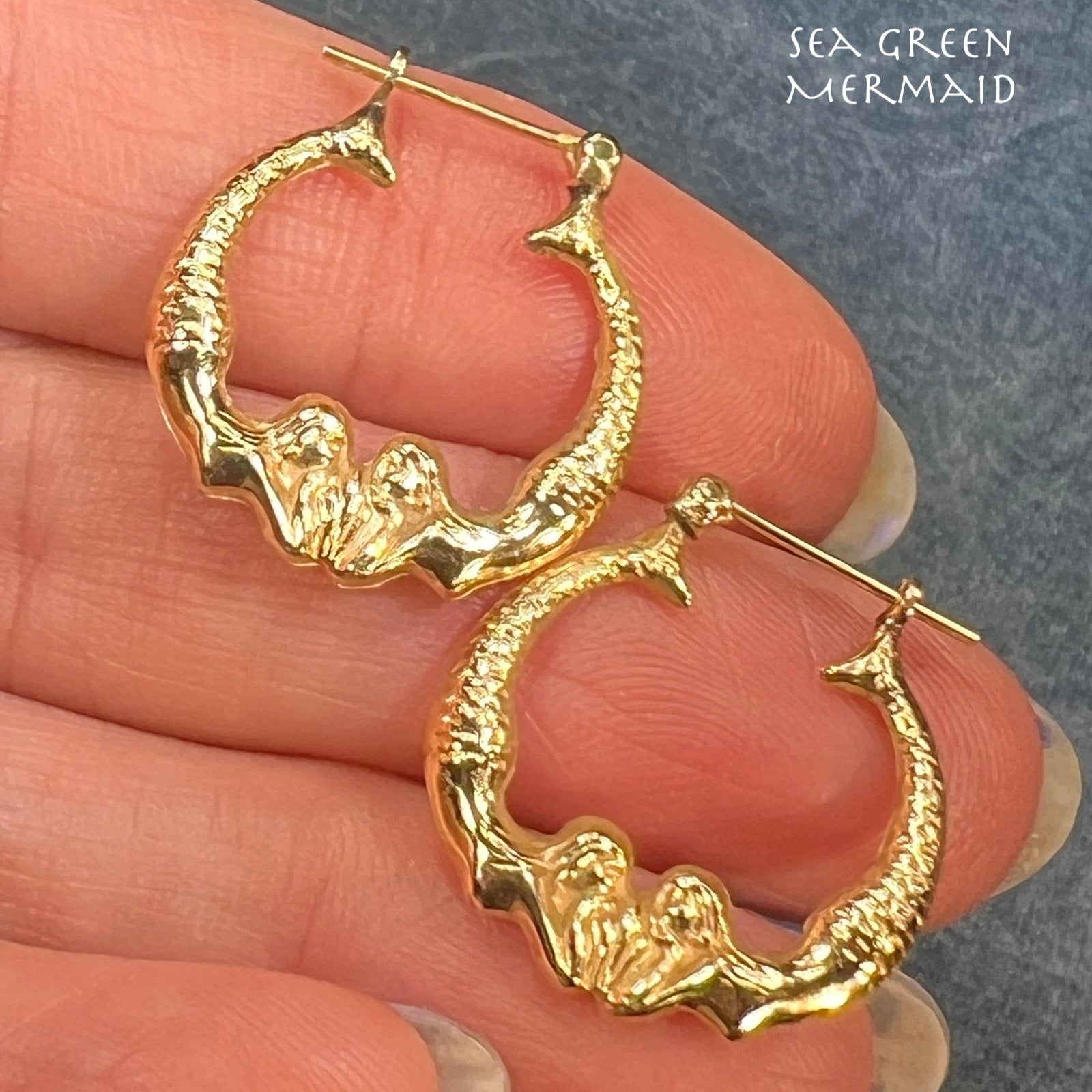 14k Gold Twin MERMAID Sisters Hoop Art Deco Earrings. 3/4" Smaller