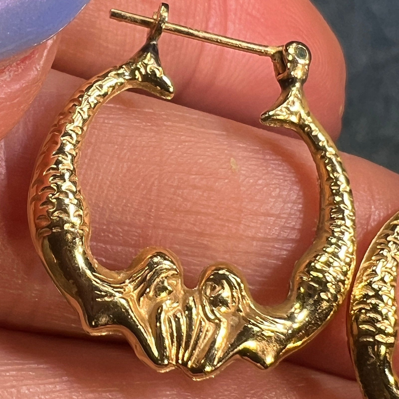 14k Gold Twin MERMAID Sisters Hoop Art Deco Earrings. 3/4" Smaller