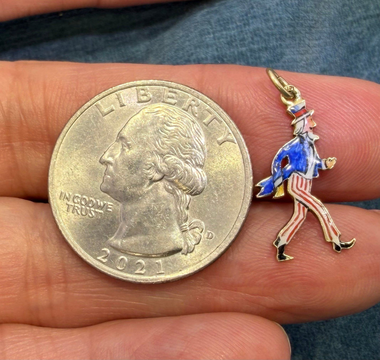 14k Gold UNCLE SAM Pendant. Red White Blue Enamel. 1930s Charm