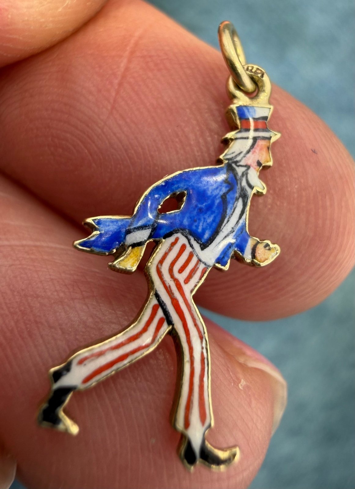 14k Gold UNCLE SAM Pendant. Red White Blue Enamel. 1930s Charm