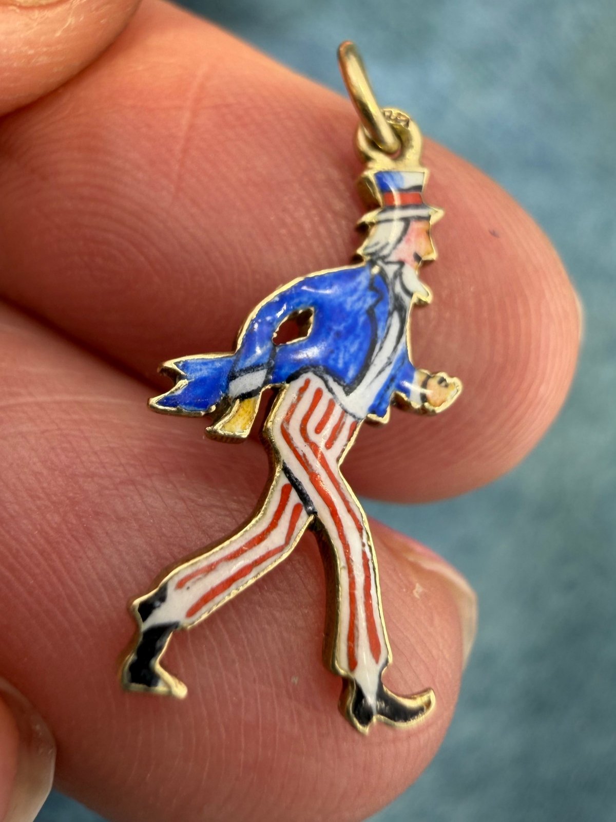 14k Gold UNCLE SAM Pendant. Red White Blue Enamel. 1930s Charm
