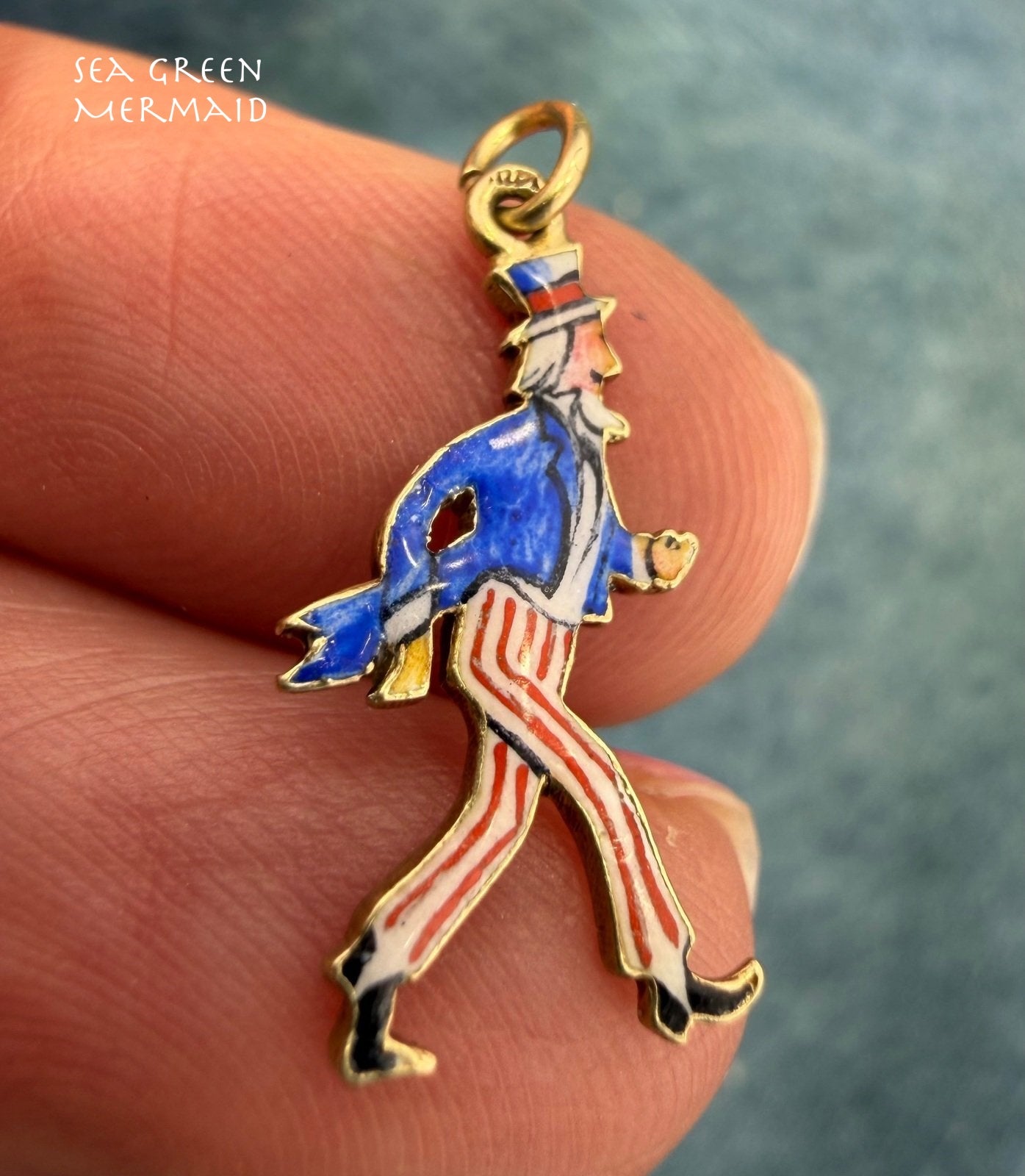 14k Gold UNCLE SAM Pendant. Red White Blue Enamel. 1930s Charm