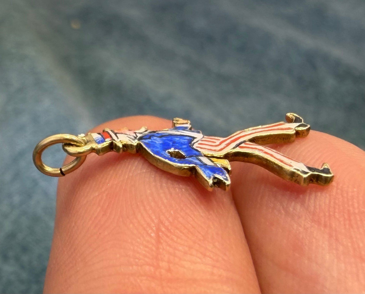 14k Gold UNCLE SAM Pendant. Red White Blue Enamel. 1930s Charm