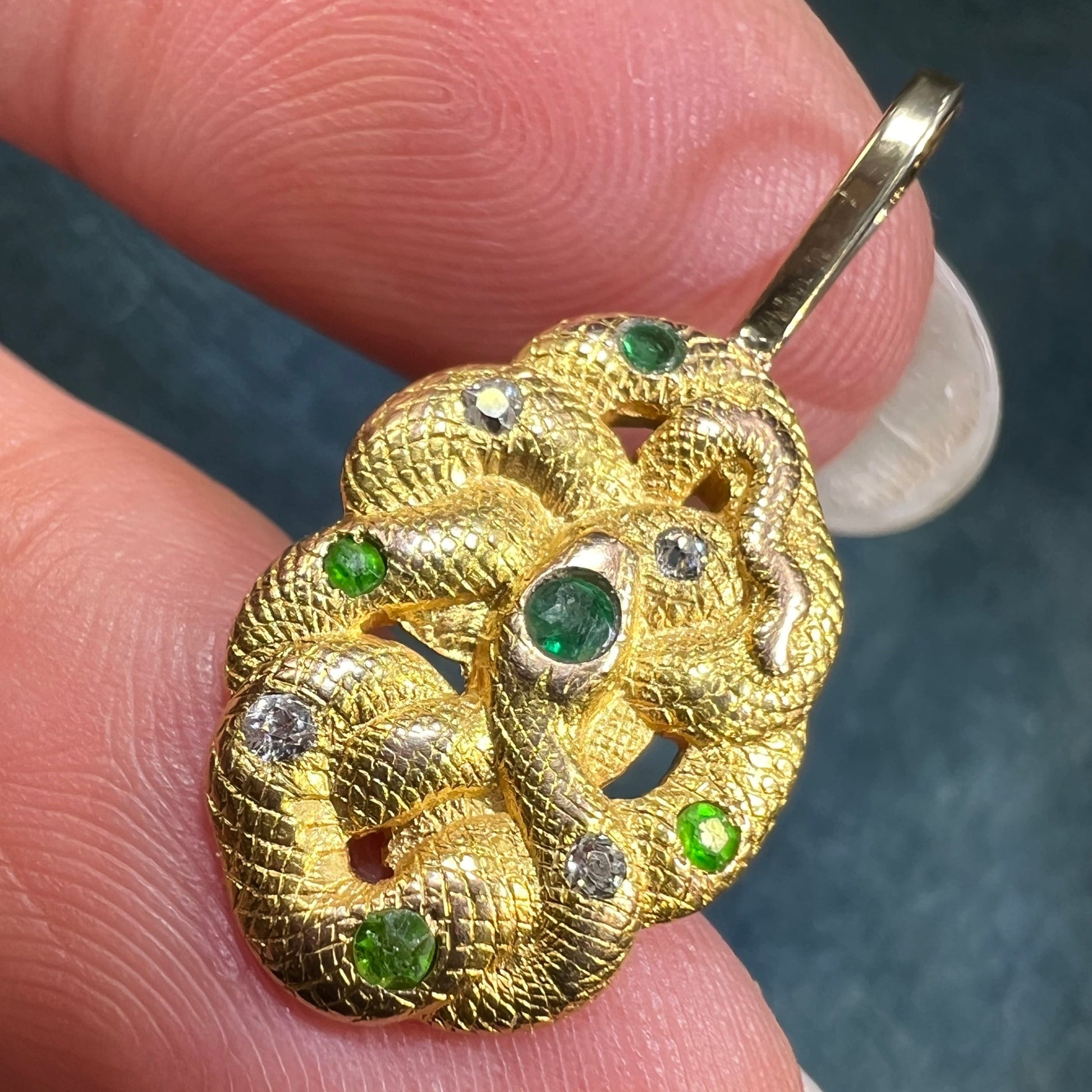 14k Gold Victorian Love Knot SNAKE Pendant. Diamond Emerald + Garnet N