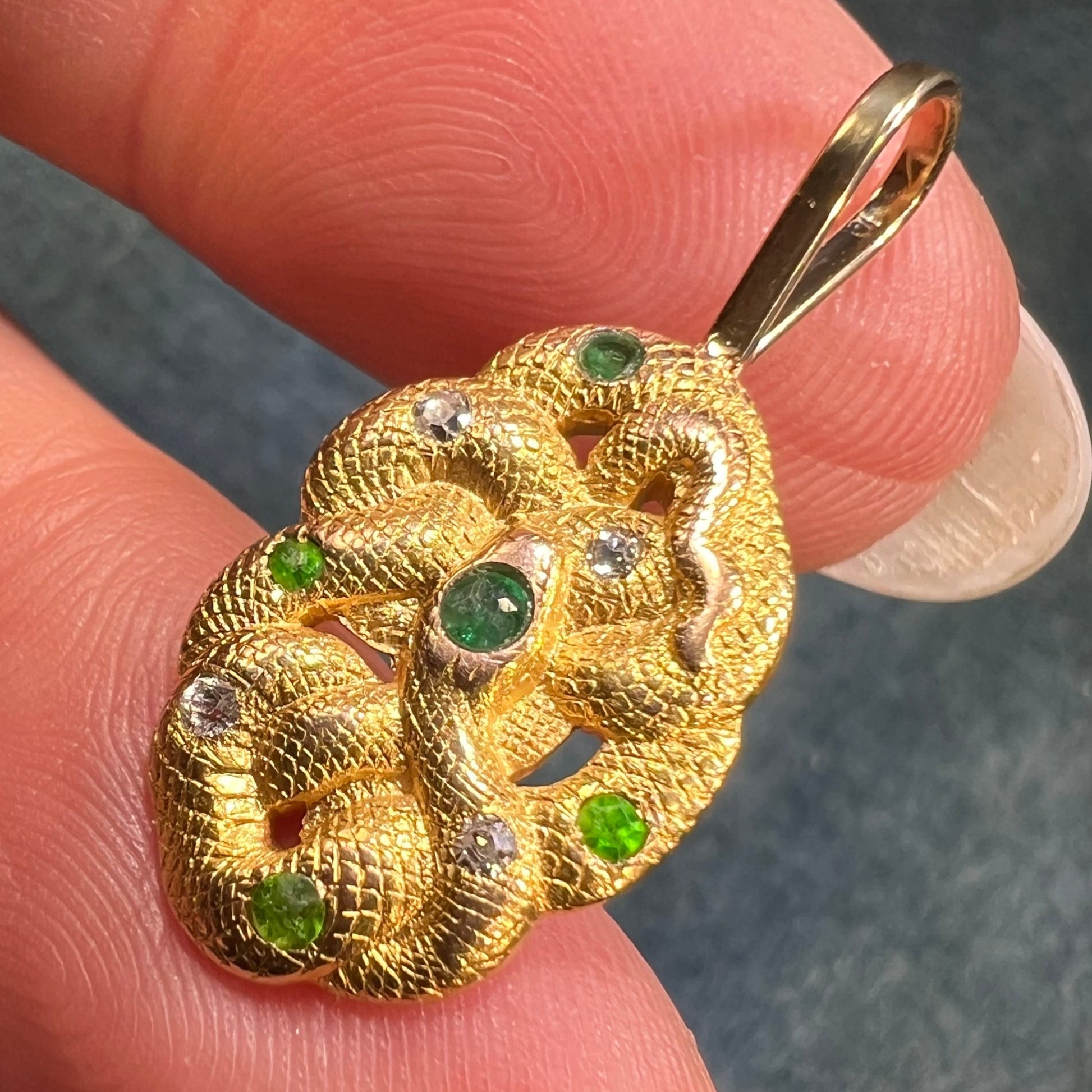 14k Gold Victorian Love Knot SNAKE Pendant. Diamond Emerald + Garnet N