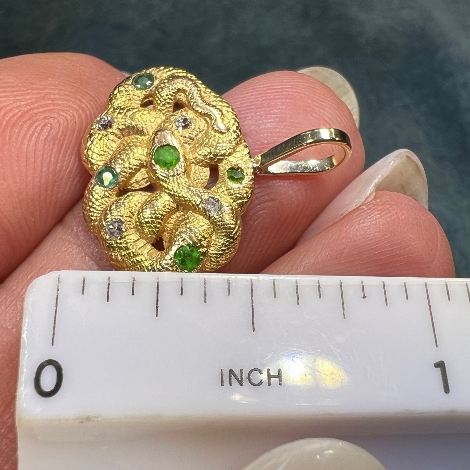 14k Gold Victorian Love Knot SNAKE Pendant. Diamond Emerald + Garnet E