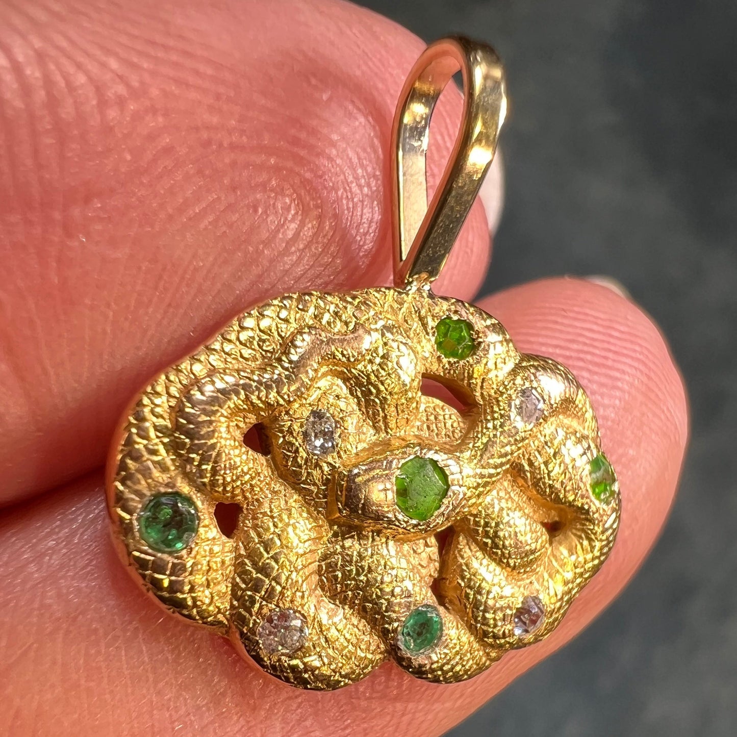14k Gold Victorian Love Knot SNAKE Pendant. Diamond Emerald + Garnet E