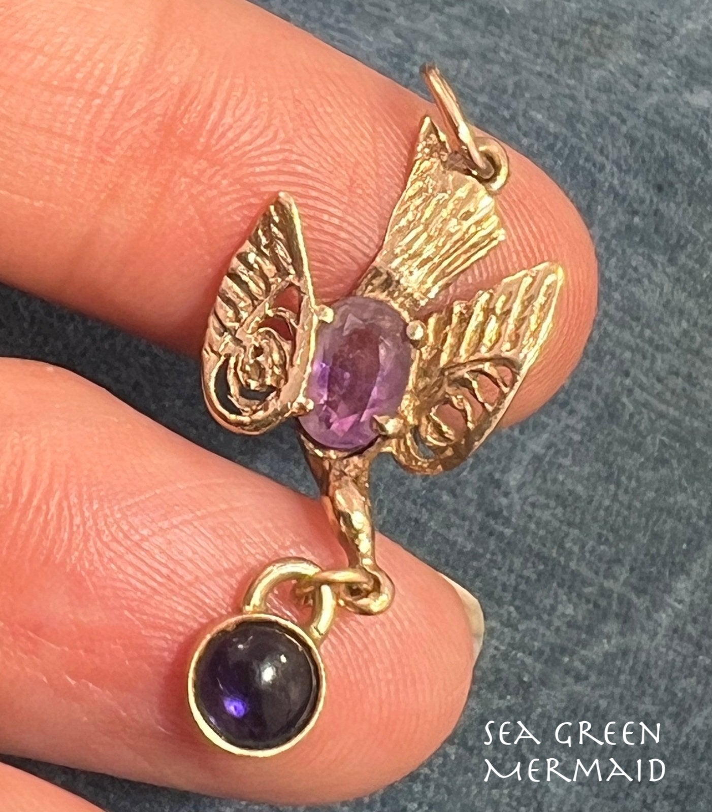 14k Gold Victorian Swallow Bird Pendant w Amethyst + Iolite Cabochon