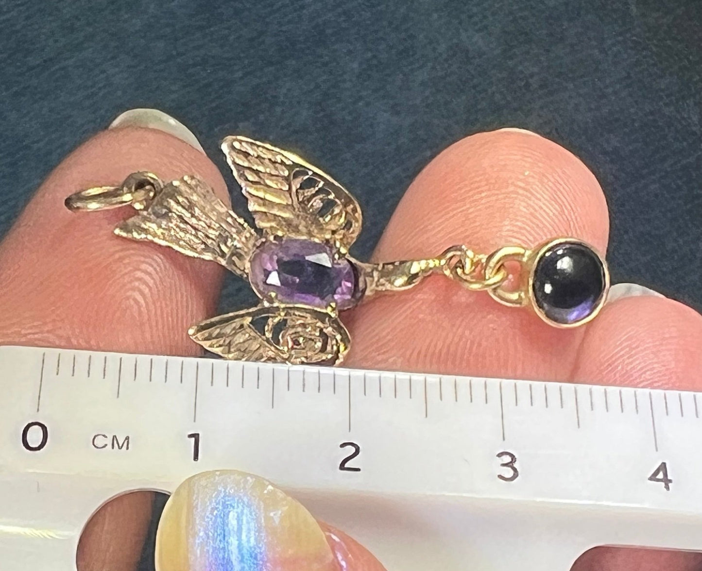 14k Gold Victorian Swallow Bird Pendant w Amethyst + Iolite Cabochon