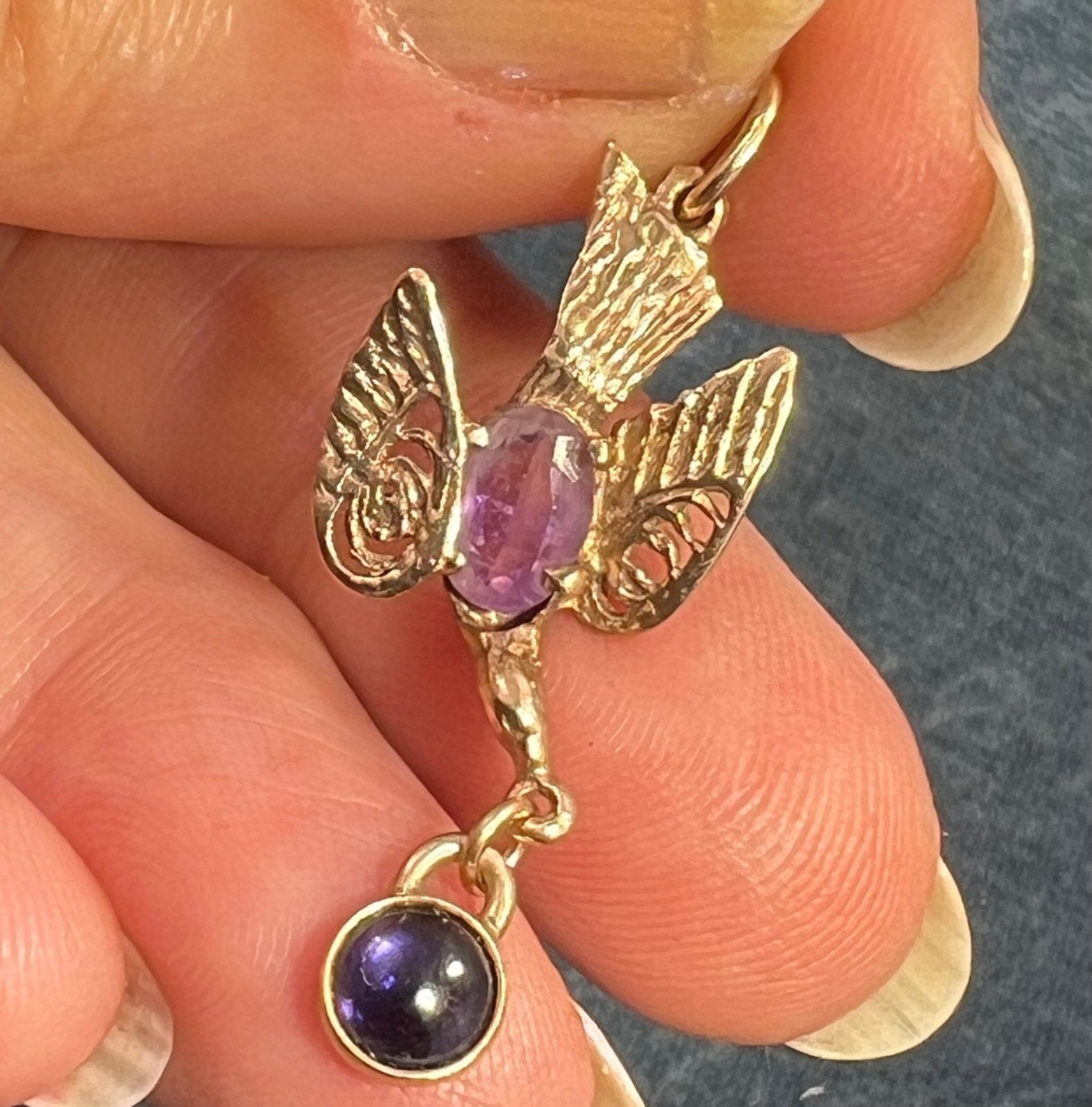 14k Gold Victorian Swallow Bird Pendant w Amethyst + Iolite Cabochon