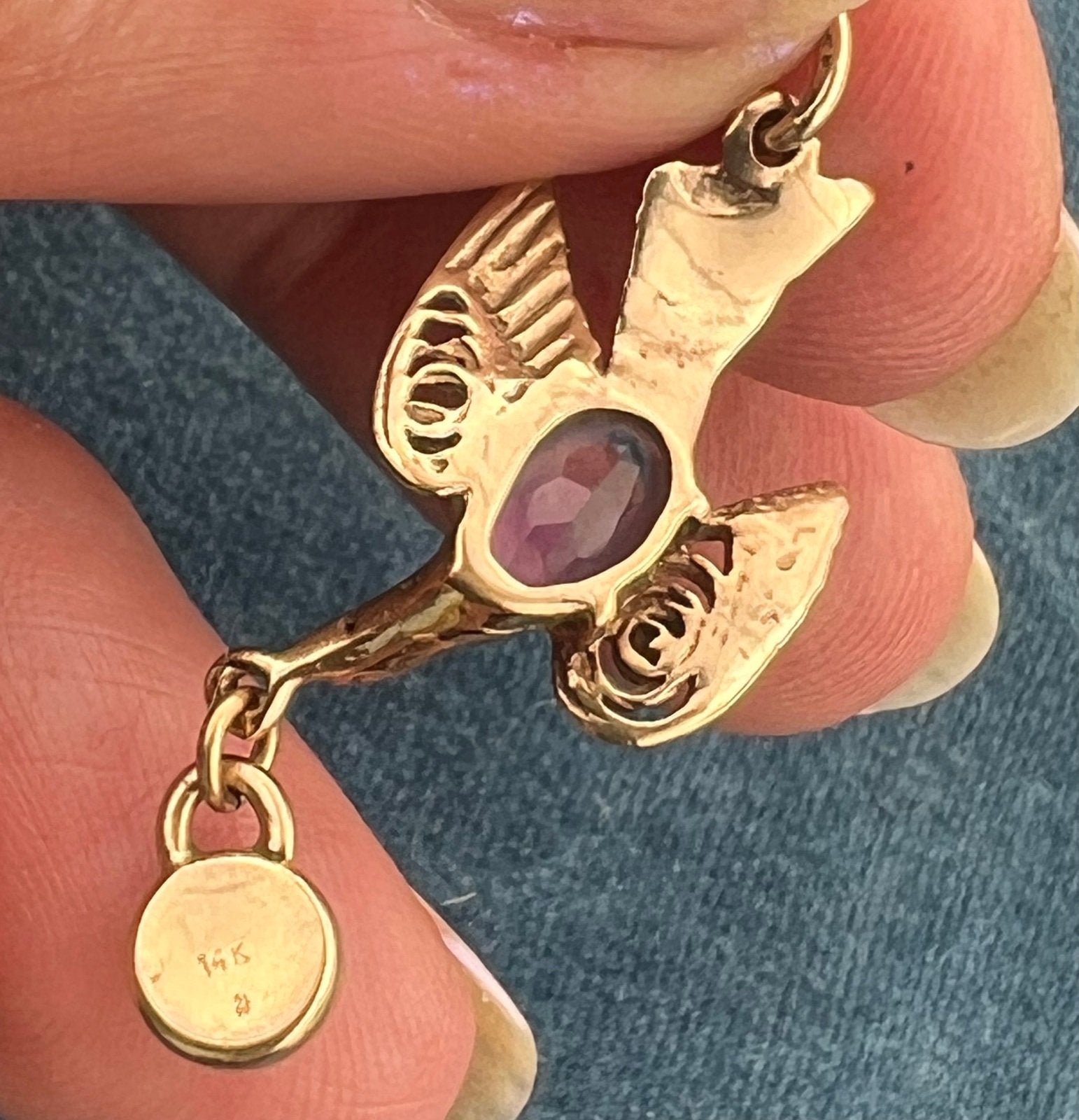 14k Gold Victorian Swallow Bird Pendant w Amethyst + Iolite Cabochon
