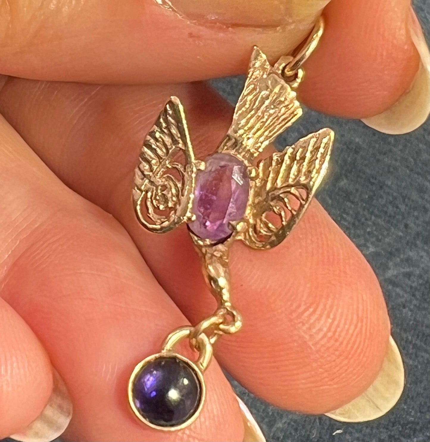 14k Gold Victorian Swallow Bird Pendant w Amethyst + Iolite Cabochon