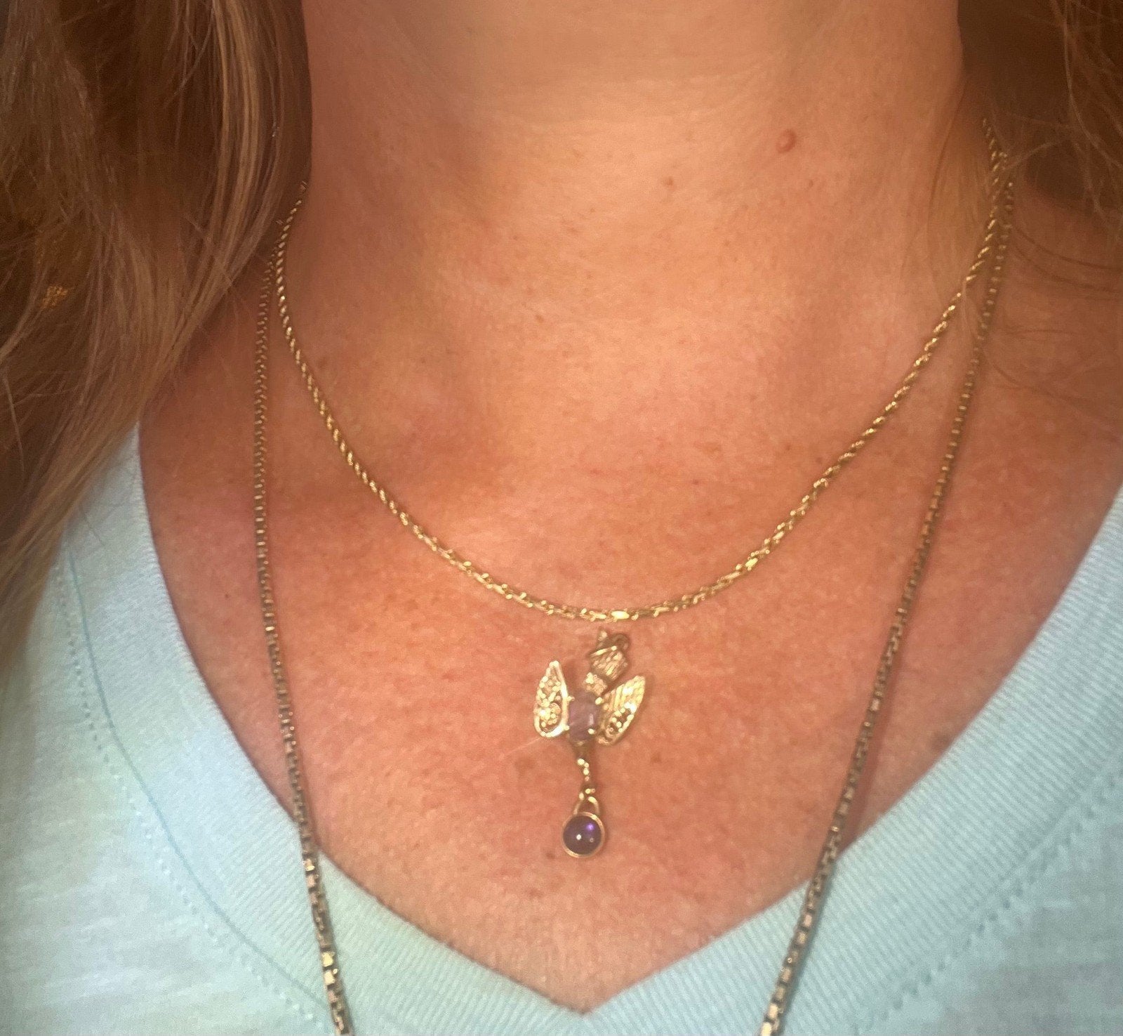 14k Gold Victorian Swallow Bird Pendant w Amethyst + Iolite Cabochon