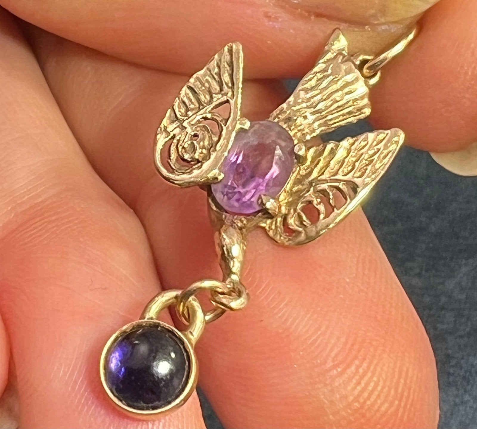 14k Gold Victorian Swallow Bird Pendant w Amethyst + Iolite Cabochon