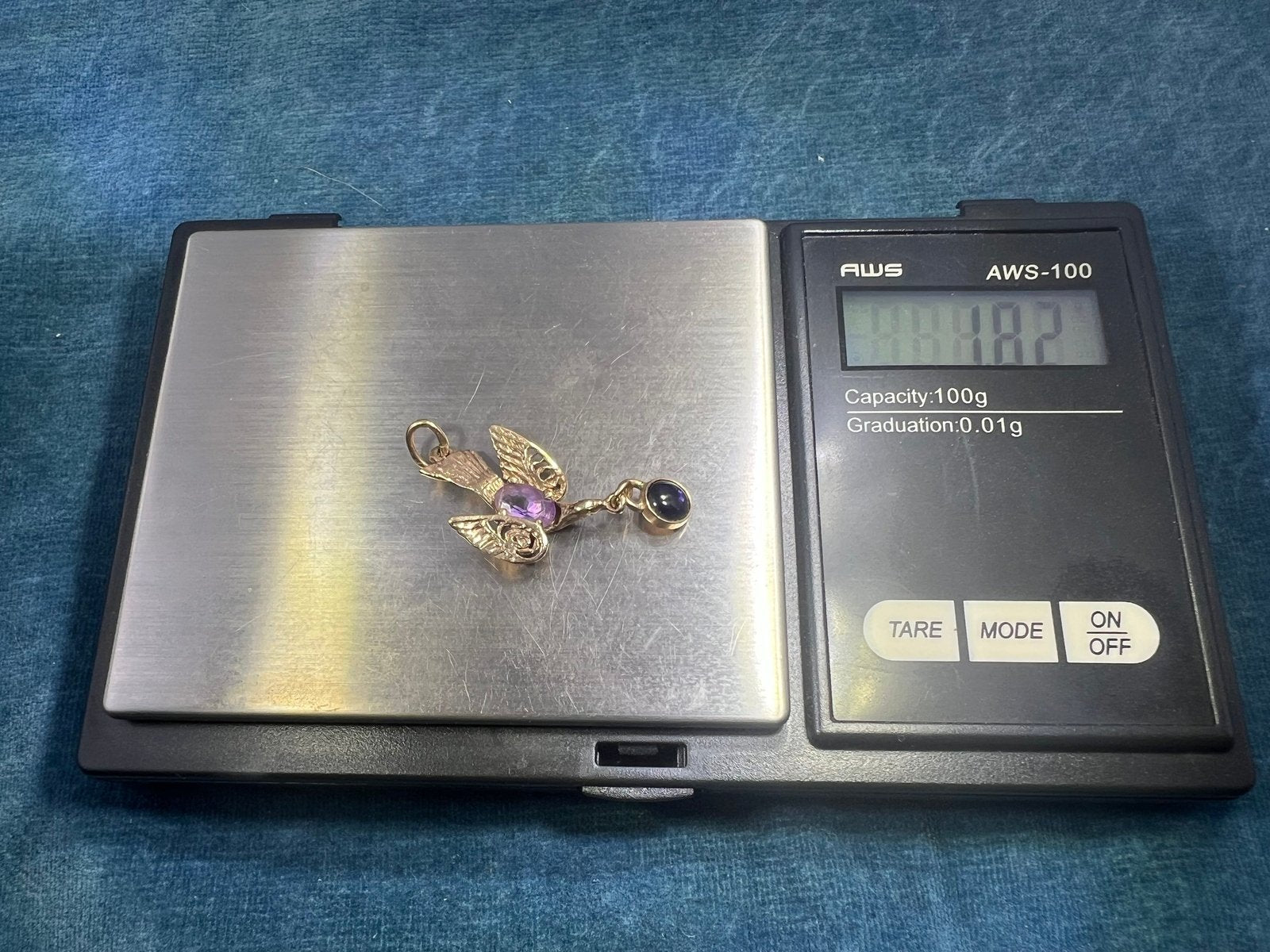 14k Gold Victorian Swallow Bird Pendant w Amethyst + Iolite Cabochon